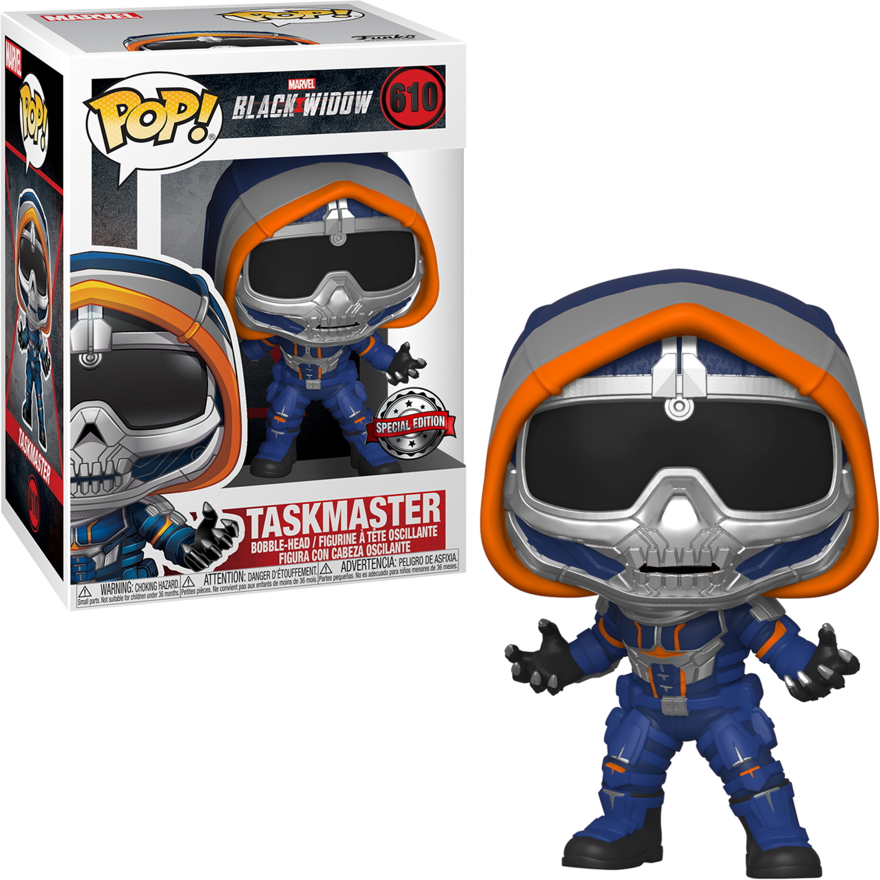 Funko Pop Figur von Taskmaster in der Box. Figur trägt Helm, blauen Anzug und orangefarbene Akzente.