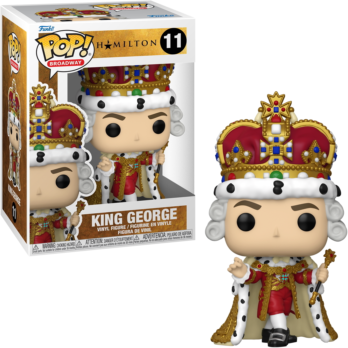 Funko Pop! di Re Giorgio da Hamilton, con scatola. Abito rosso e oro.