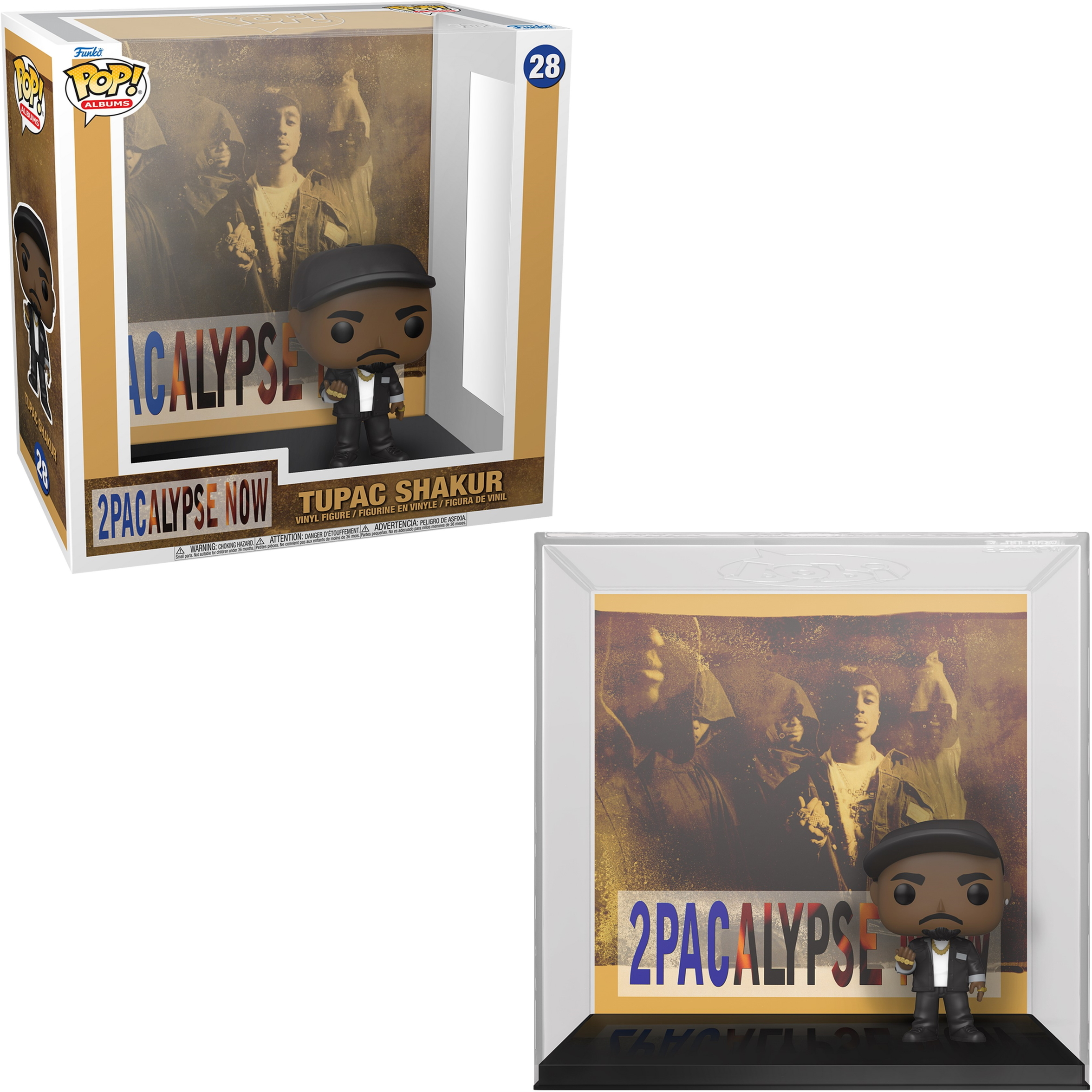 Funko Pop Figur von Tupac Shakur. Die Figur befindet sich in einer Box mit Hintergrundbild.