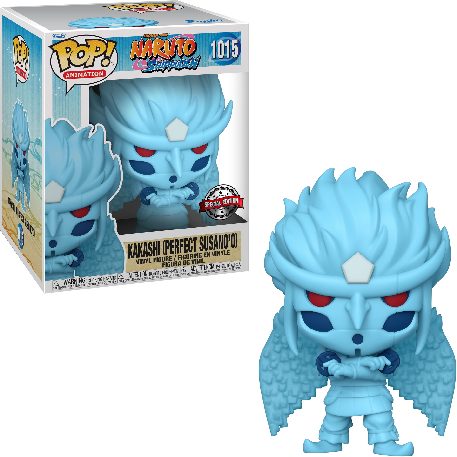 Figura Funko Pop de Kakashi (Perfect Susano'o) de Naruto, en caja y fuera de la caja.
