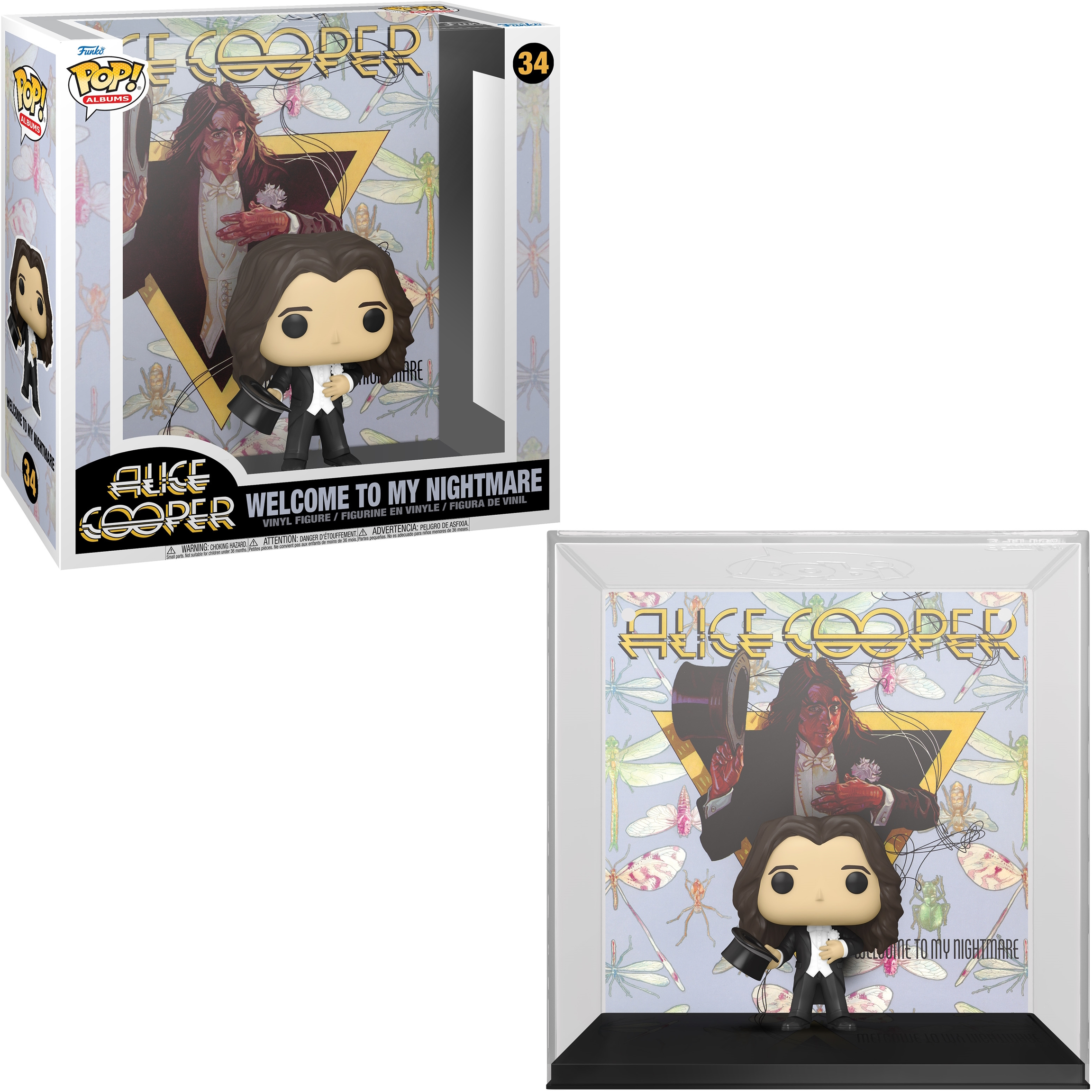 Eine Funko Pop Box und Figur von Alice Cooper, mit der Figur in einer Vitrine.