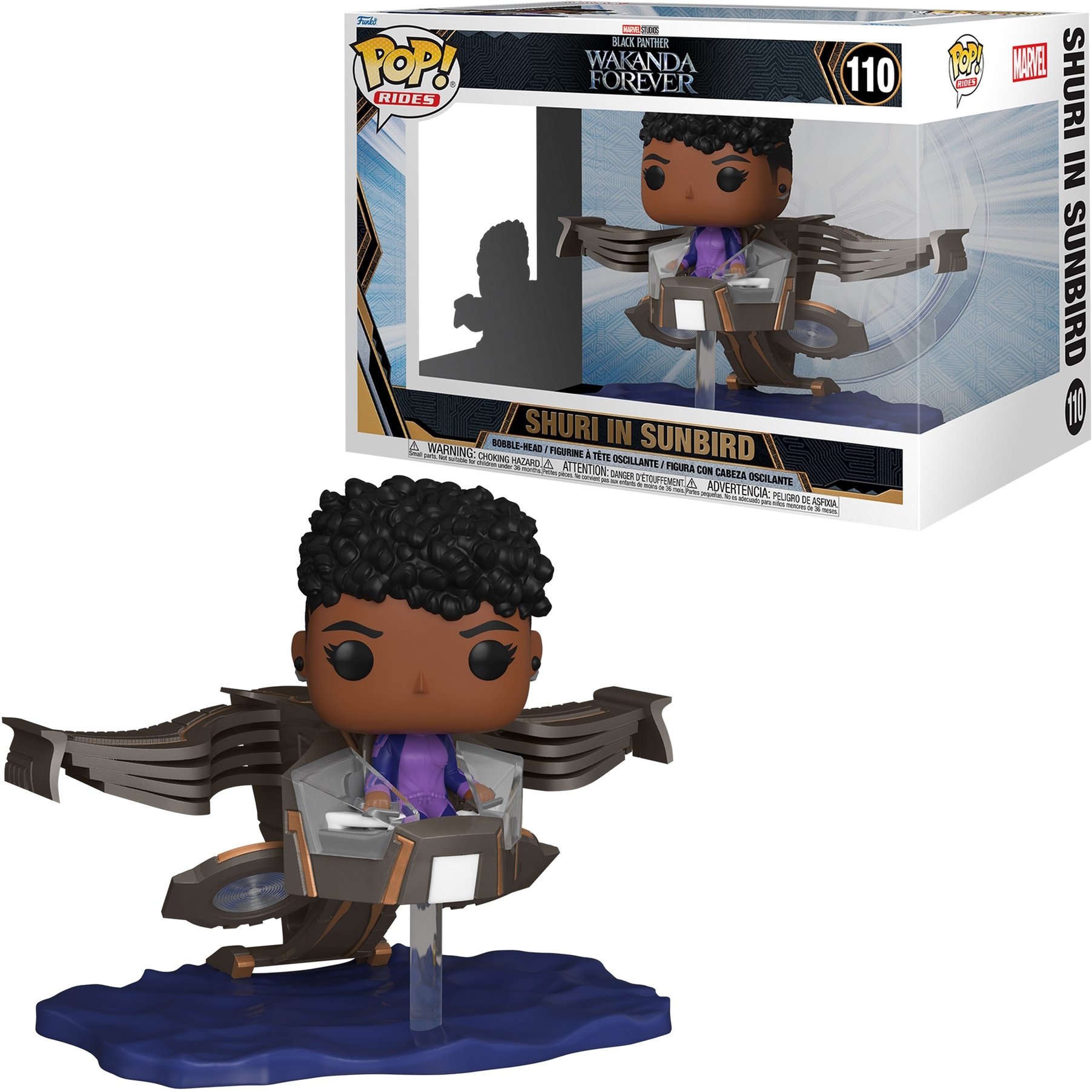 Figura Funko Pop di Shuri in Sunbird. Scatola e figura, Shuri nel veicolo Sunbird, su base blu.