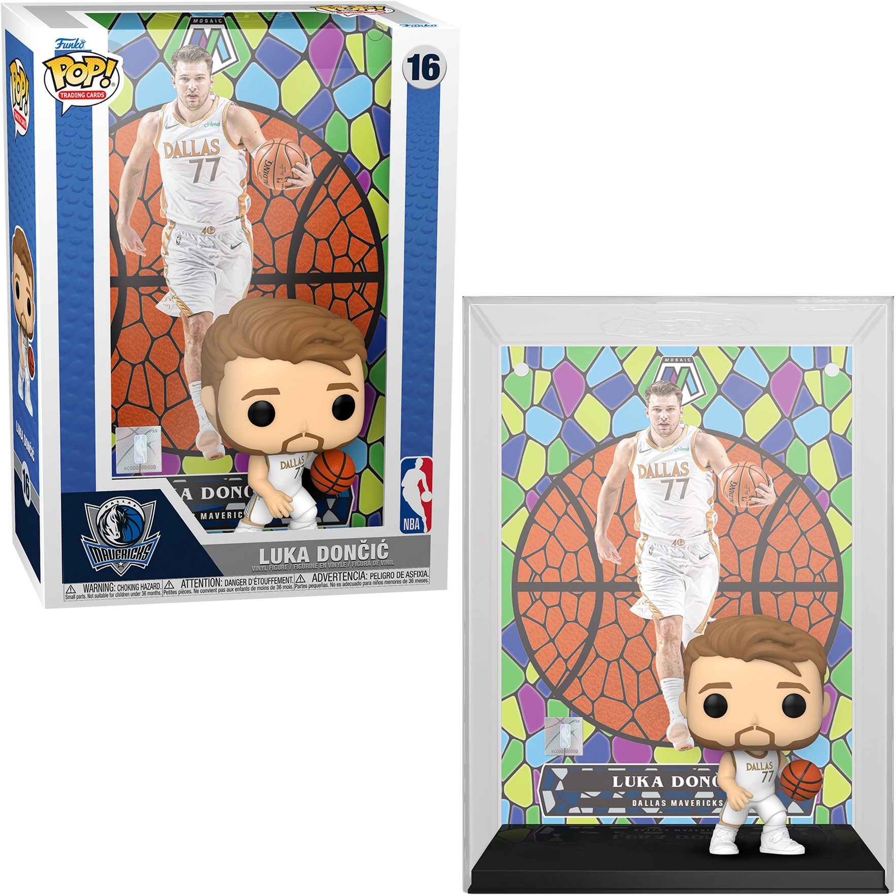 Funko Pop Figur von Luka Dončić, Dallas Mavericks, mit Basketball, in Box und Vitrine.