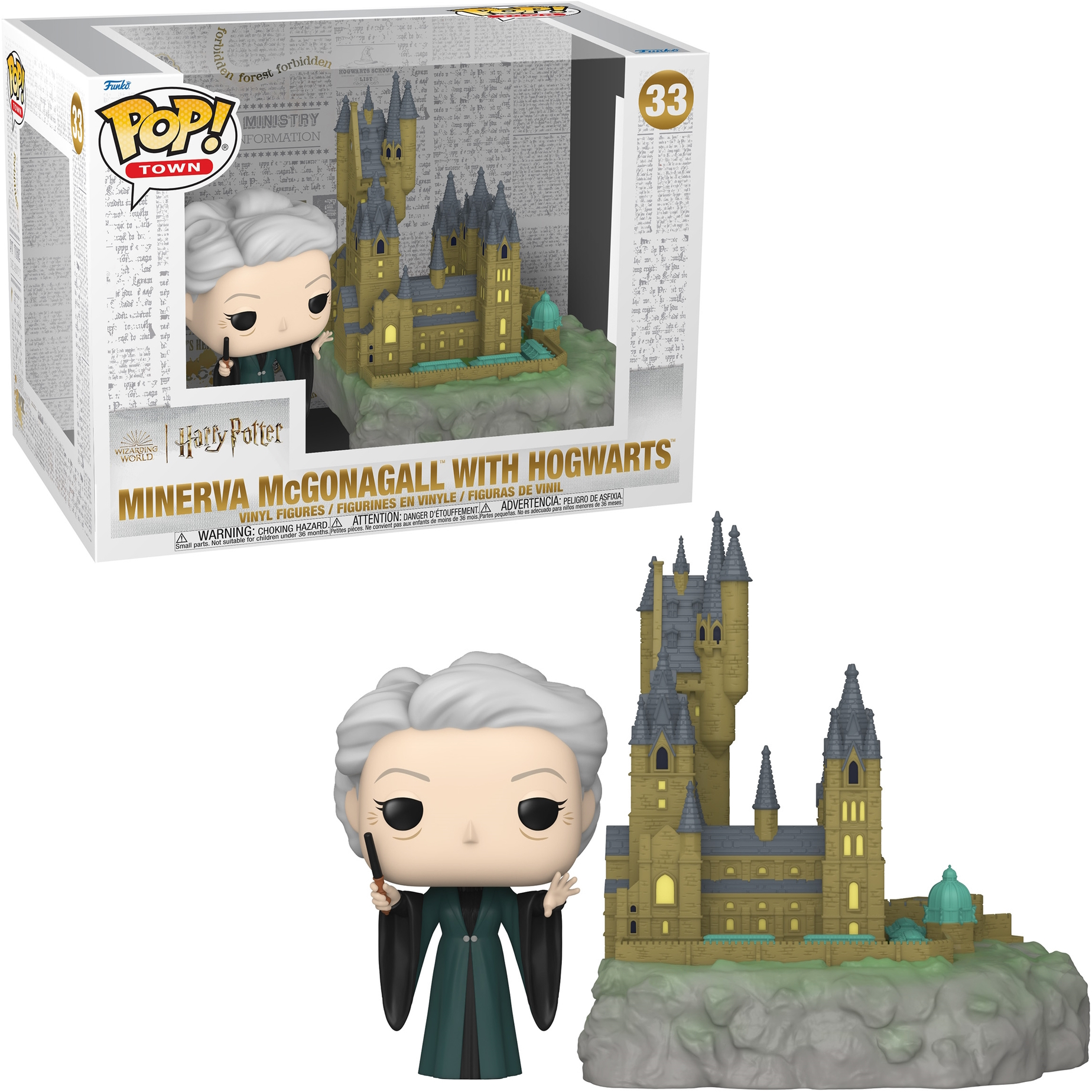 Minerva McGonagall con Hogwarts, figura con castello e scatola, da Harry Potter.