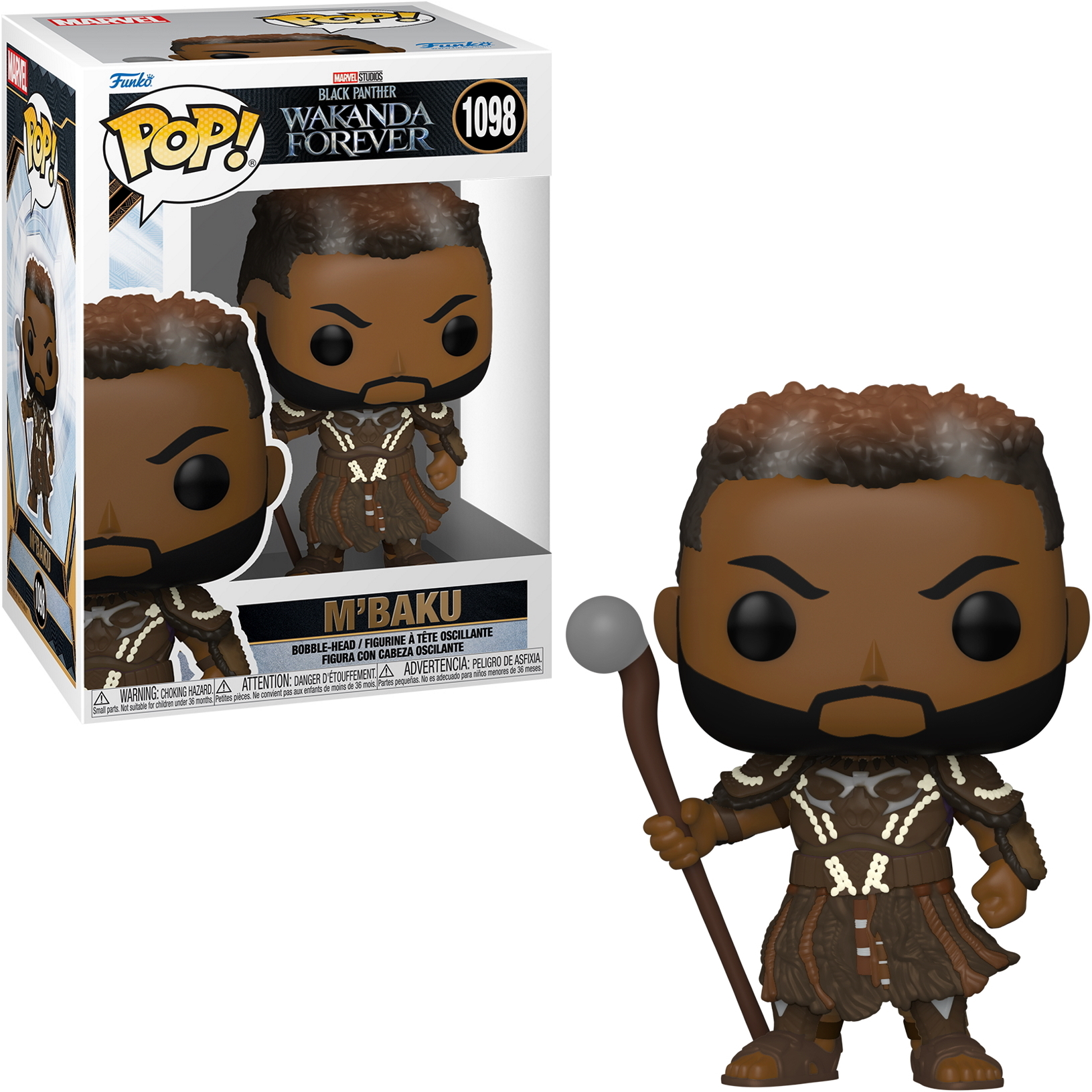 Figurka Funko Pop M'Baku trzymającego laskę, z grafiką pudełka w tle.