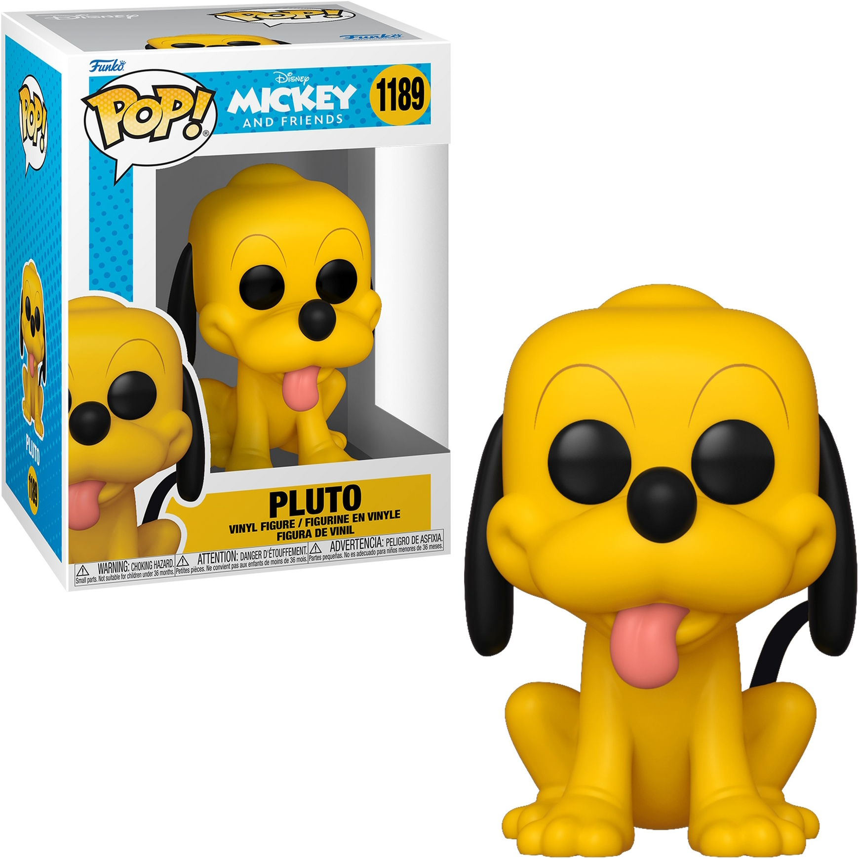 Una figura Funko Pop! di Pluto, il personaggio Disney. È giallo con orecchie nere e lingua rosa.