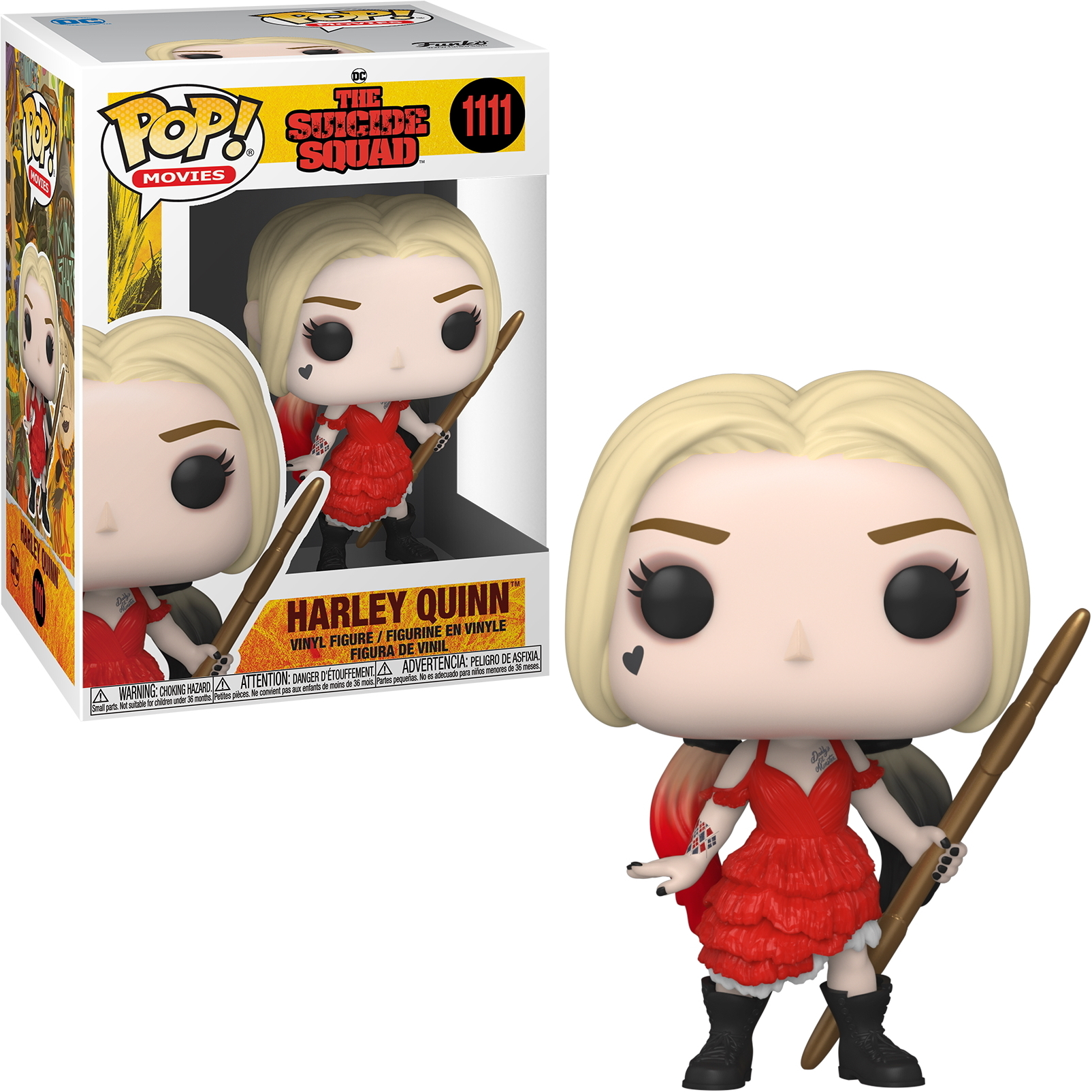 Figura Funko Pop de Harley Quinn dentro y fuera de la caja. Viste vestido rojo.