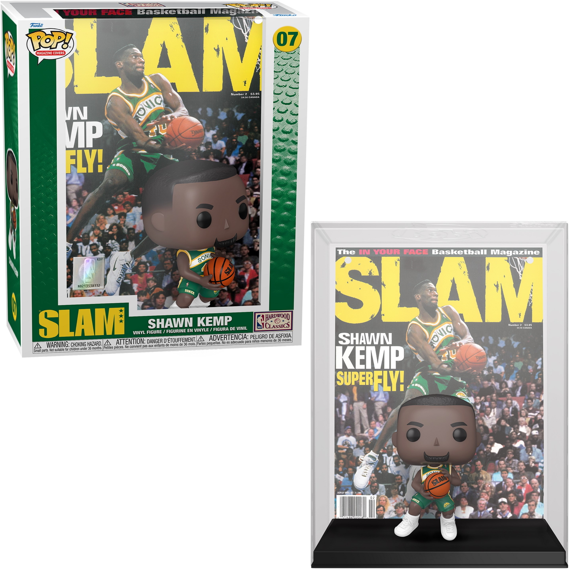 Funko Pop!-Figur von Shawn Kemp mit dem Zeitschriften-Cover. Die Figur befindet sich in der Box und wird angezeigt.