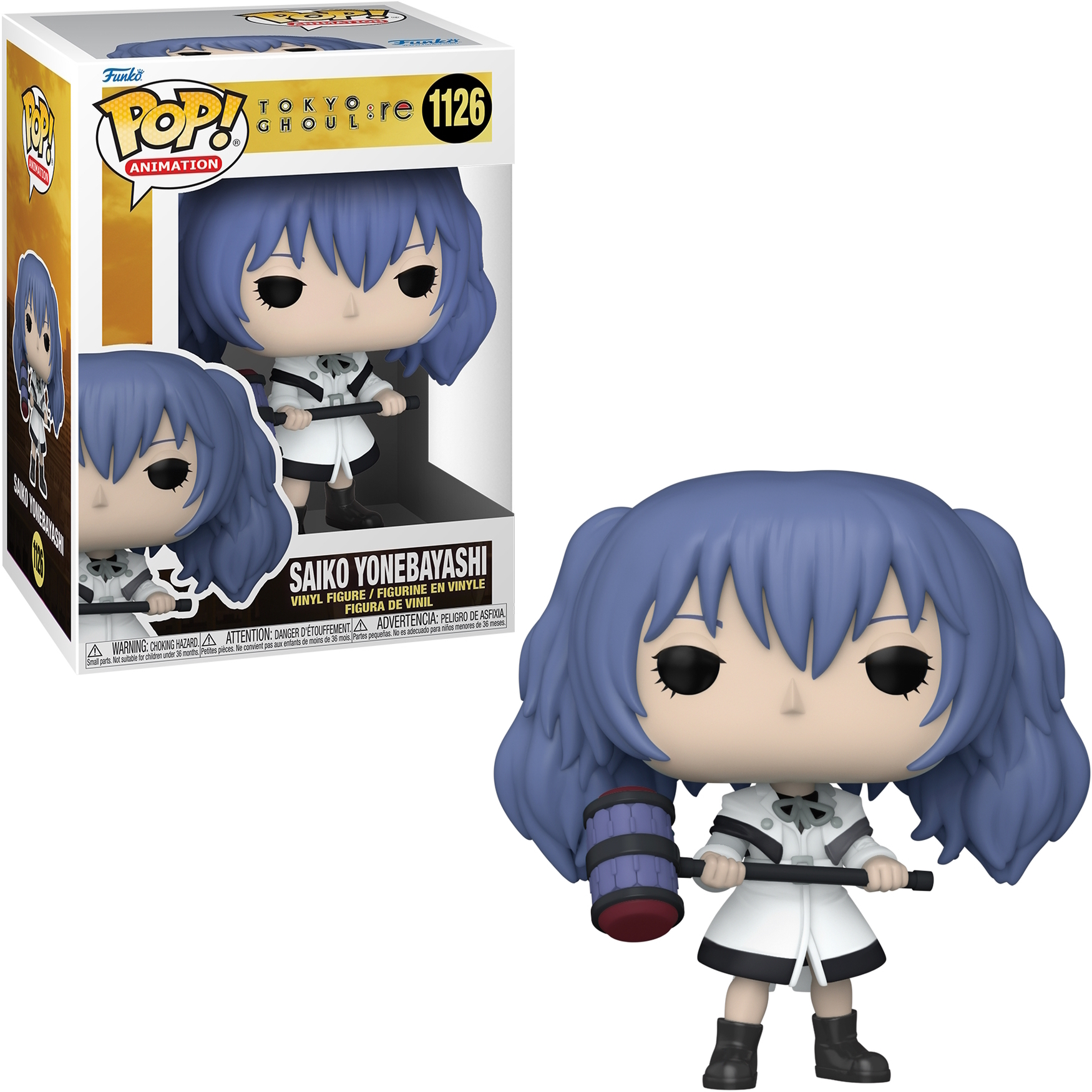 Eine Funko Pop Figur von Saiko Yonebayashi aus Tokyo Ghoul. Sie hält einen Hammer und hat blaue Haare.