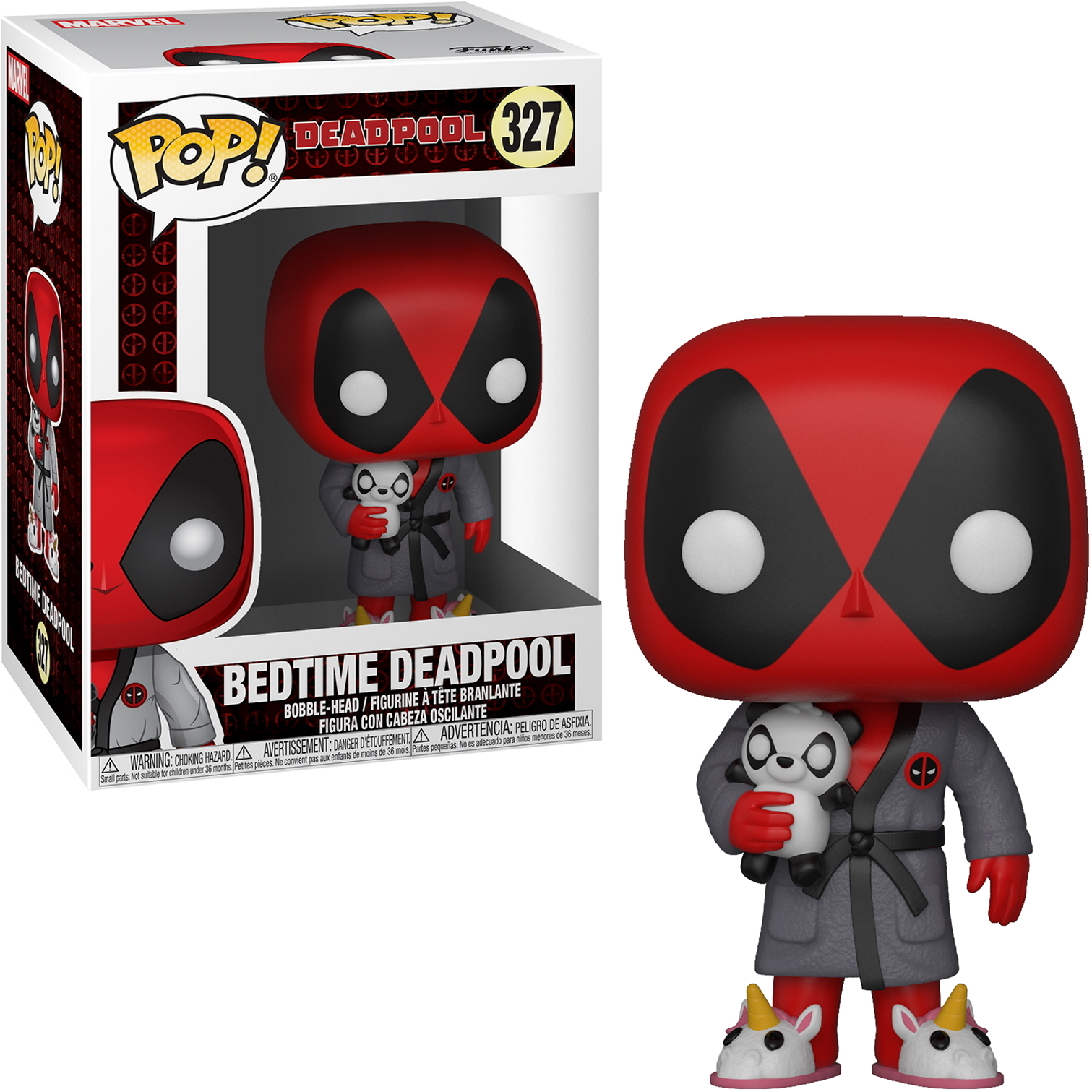 Eine Funko Pop-Figur von Bedtime Deadpool mit einem Panda. Rote und graue Farben.