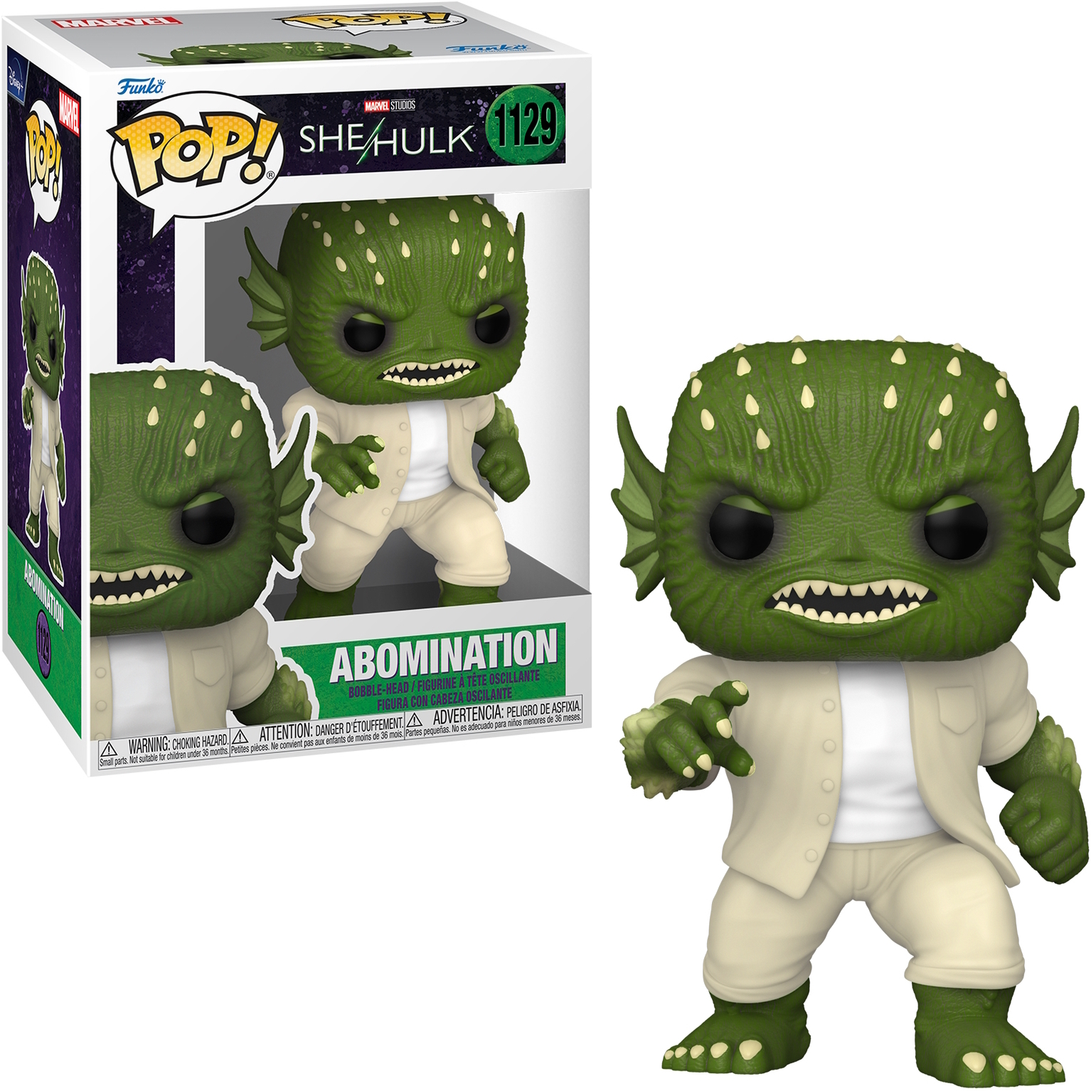 Action figure di Abominio in abito bianco. È un mostro verde della serie She-Hulk.