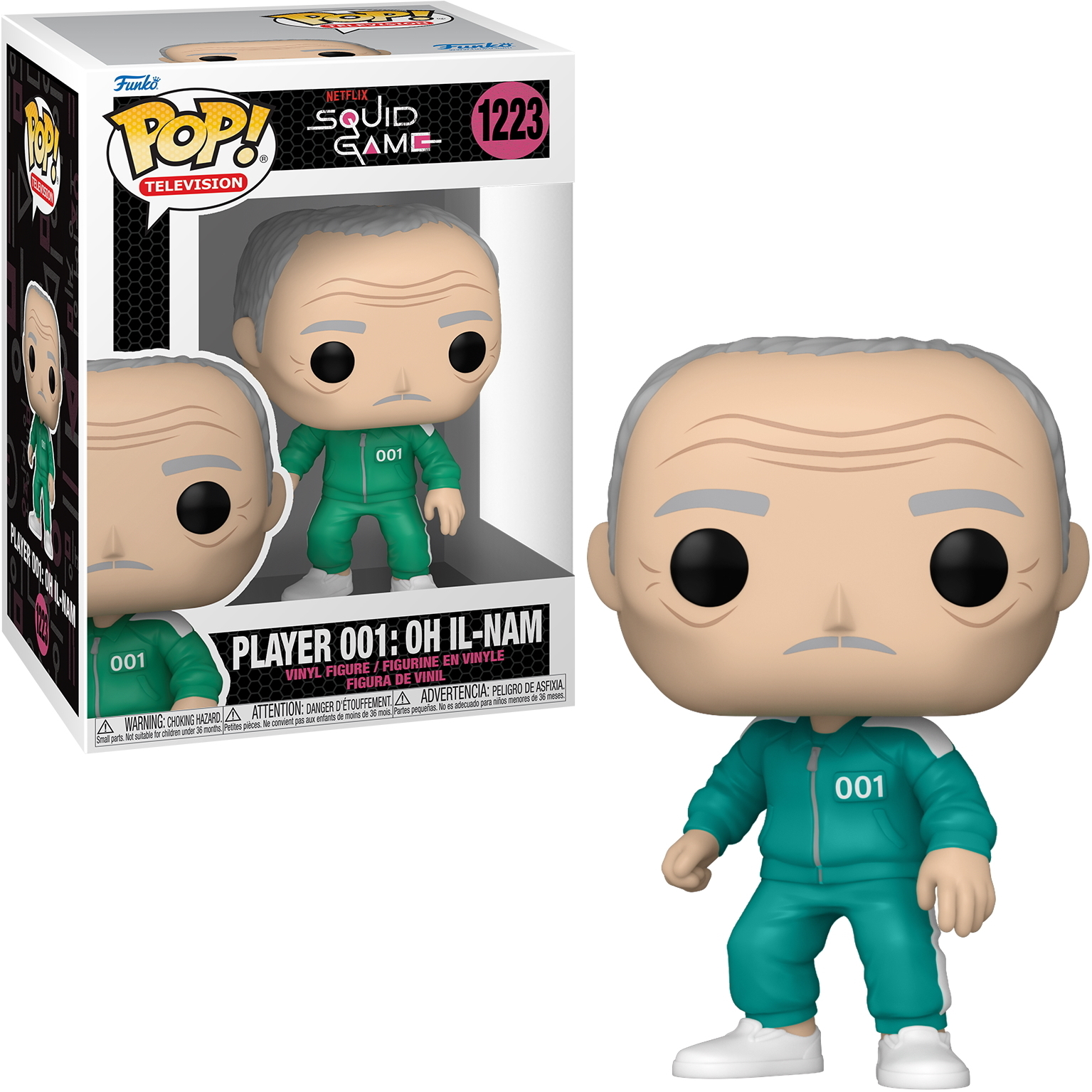 Funko Pop Gracza 001 z Squid Game. Figurka w mundurze i pudełko.