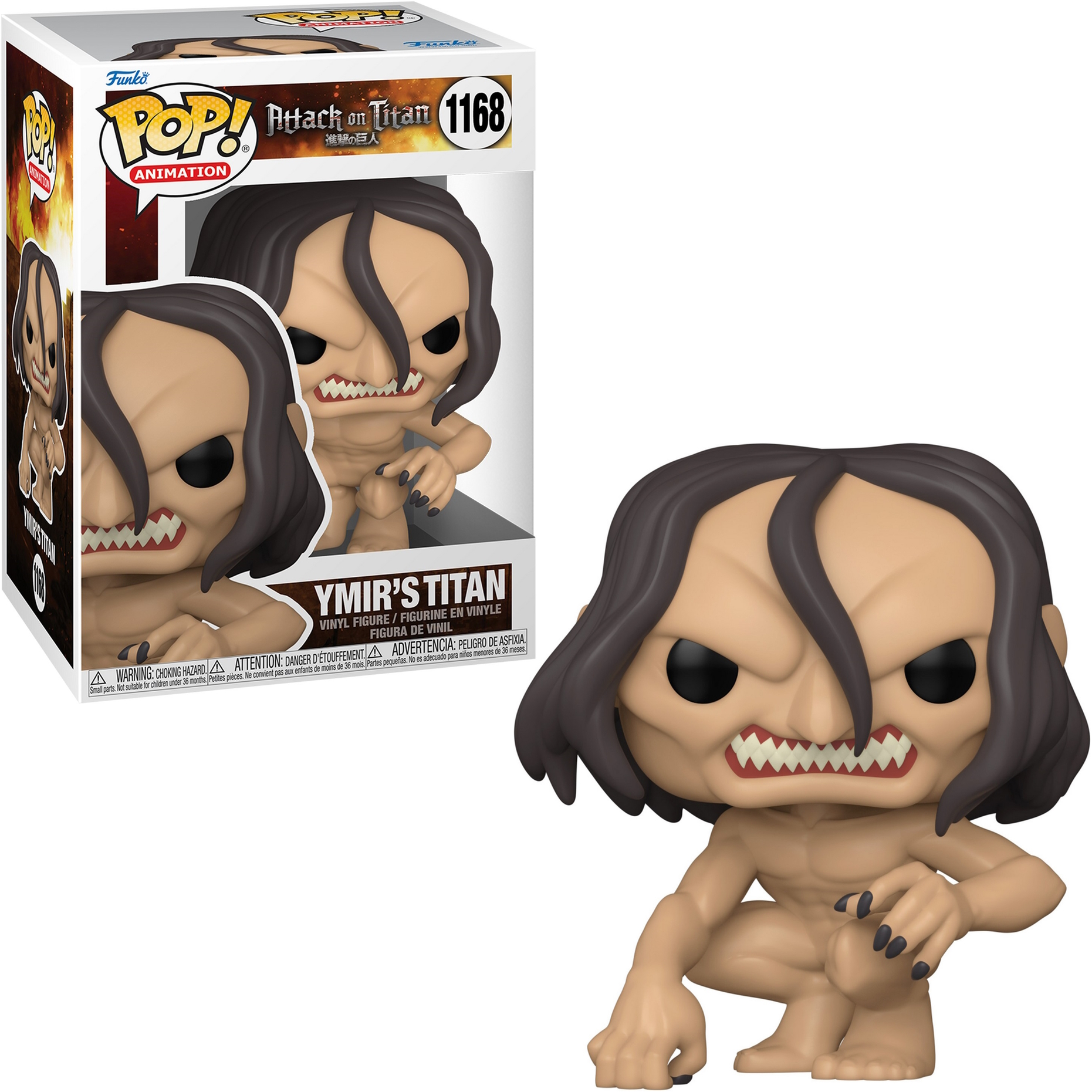 Figura Funko Pop! de Titán de Ymir de Attack on Titan, con caja en el fondo.