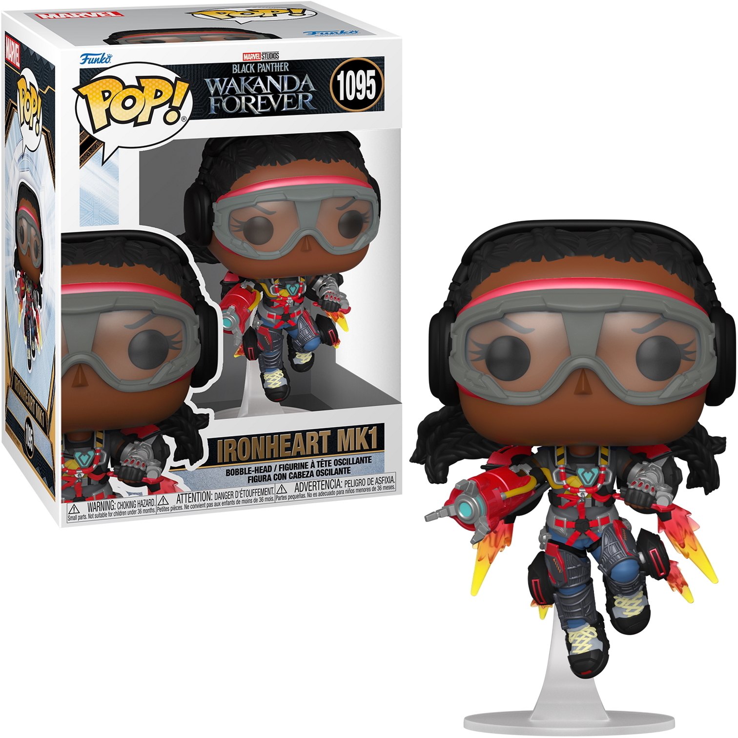 Figura Ironheart MK1 Funko Pop in scatola ed esposta. La figura è in posa di volo con accenti rossi e gialli.