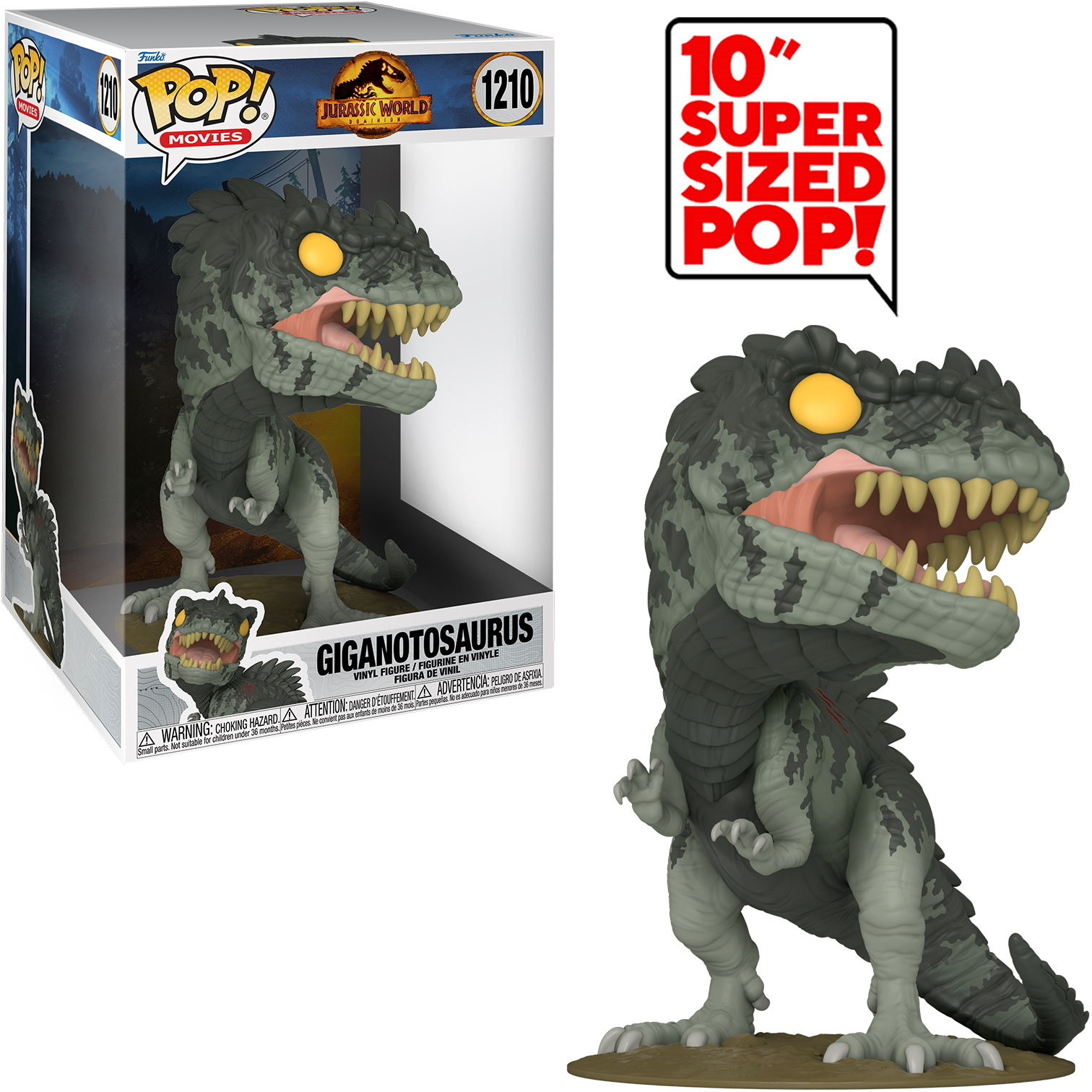 Figura de juguete Giganotosaurus de la serie Jurassic World Pop! Movies, en caja con texto.