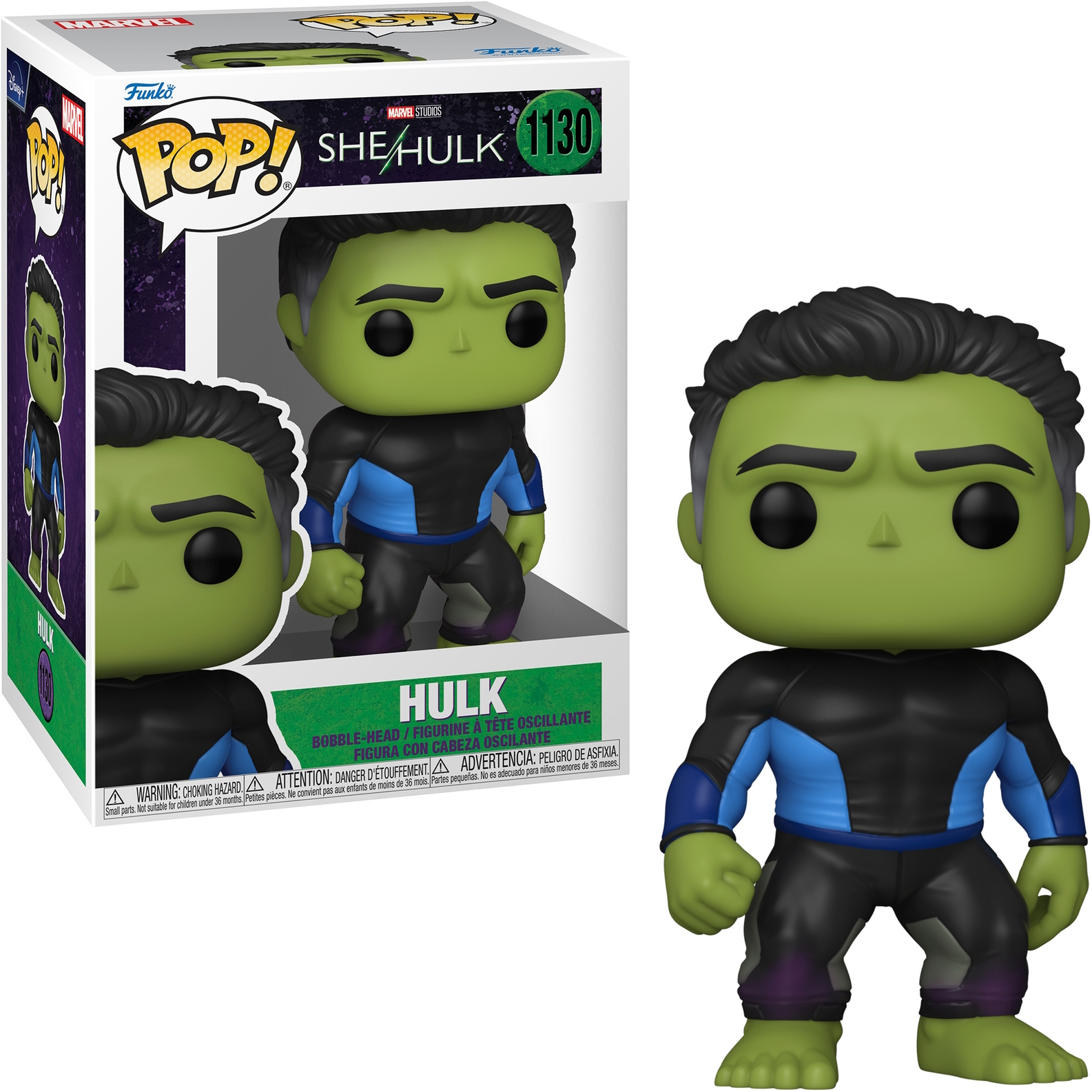 Statuetta di She-Hulk Funko Pop nella sua scatola. La statuetta è verde e nero-blu, con un volto sorridente.