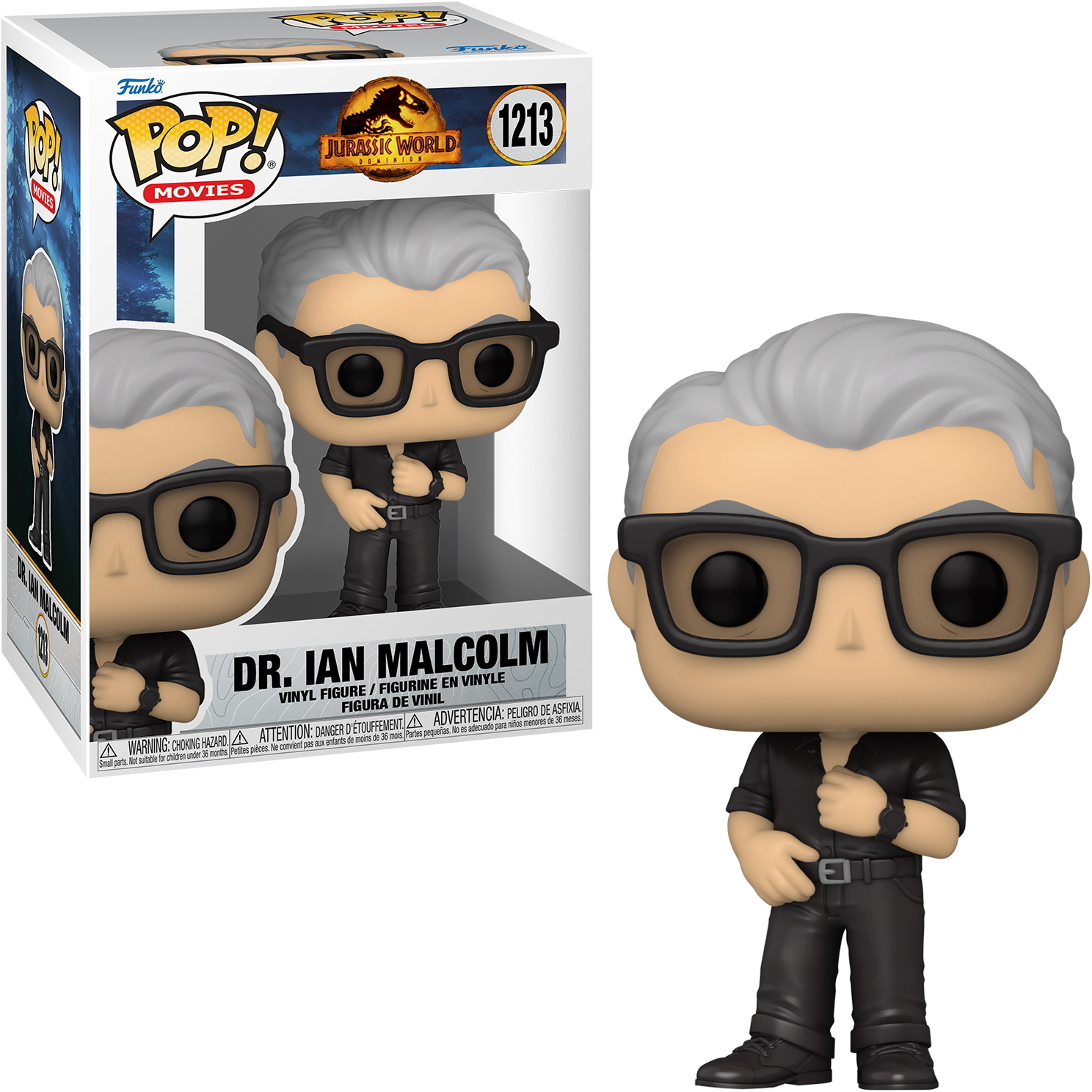 Dr. Ian Malcolm Funko Pop figure wearing glasses and a black shirt, with gray hair.