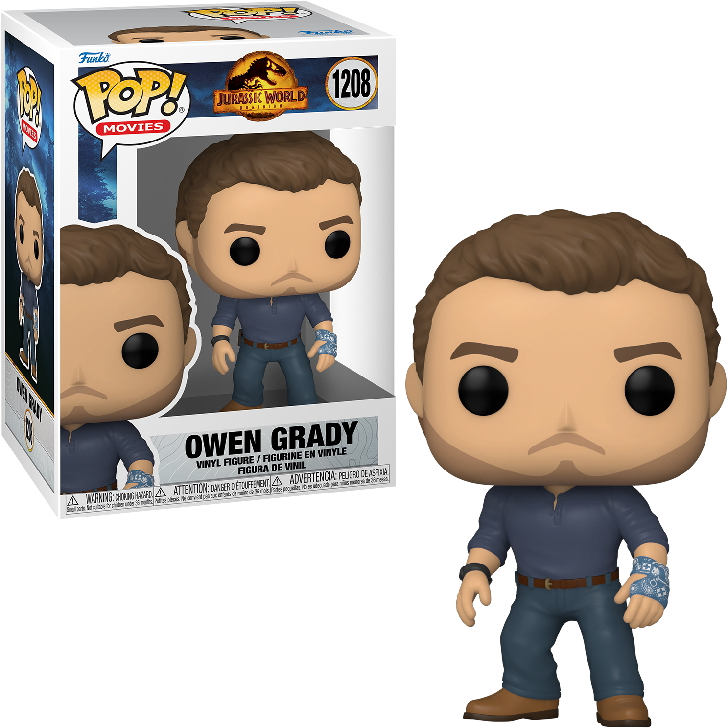 Funko Pop Figur von Owen Grady aus Jurassic World, in einer Schachtel und stehend.