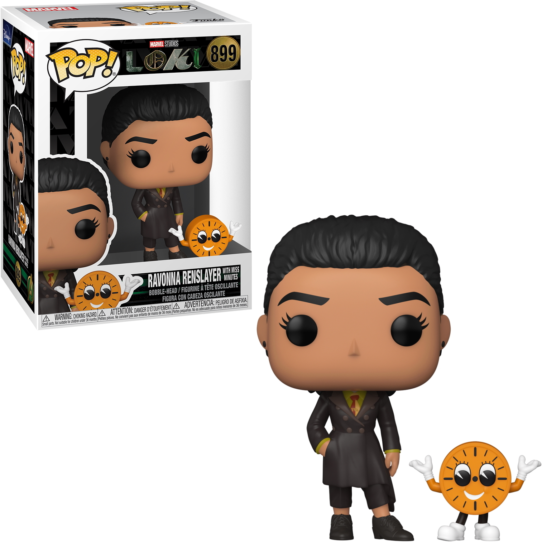 Figura y caja de Ravonna Renslayer, con una mascota de reloj. Lleva un traje.