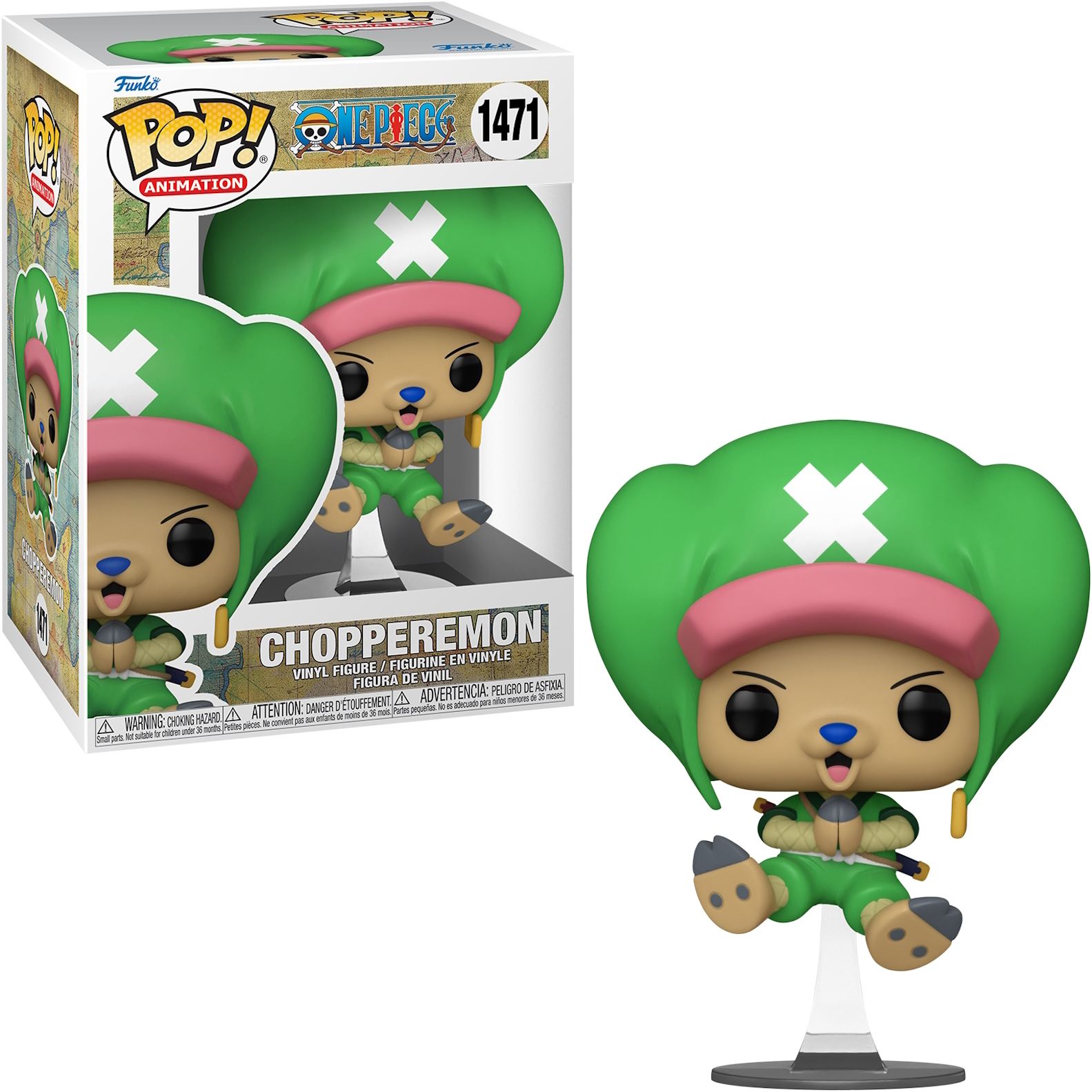 Chopperemon Funko Pop Figur in einer Box und ausgestellt. Figur in sitzender Pose mit grünen und rosa Akzenten.