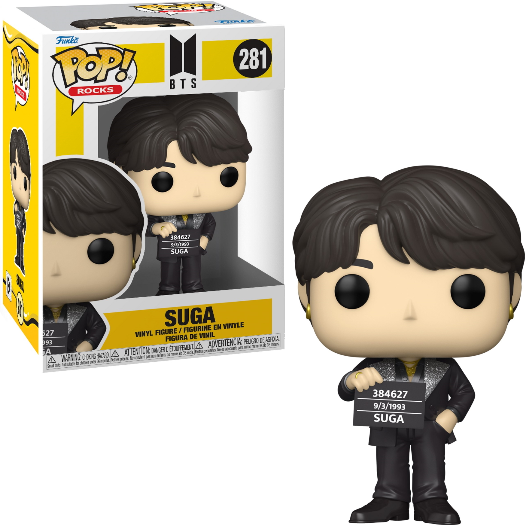 Suga Funko Pop Figur in einer Box. Die Figur hält ein Schild mit Text.