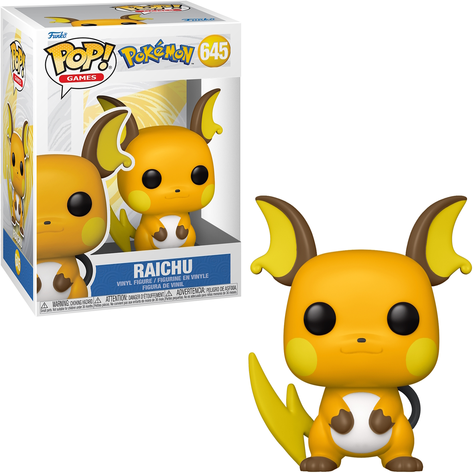 Funko Pop! Figur von Raichu aus Pokémon, in einer Box mit der Figur draußen.