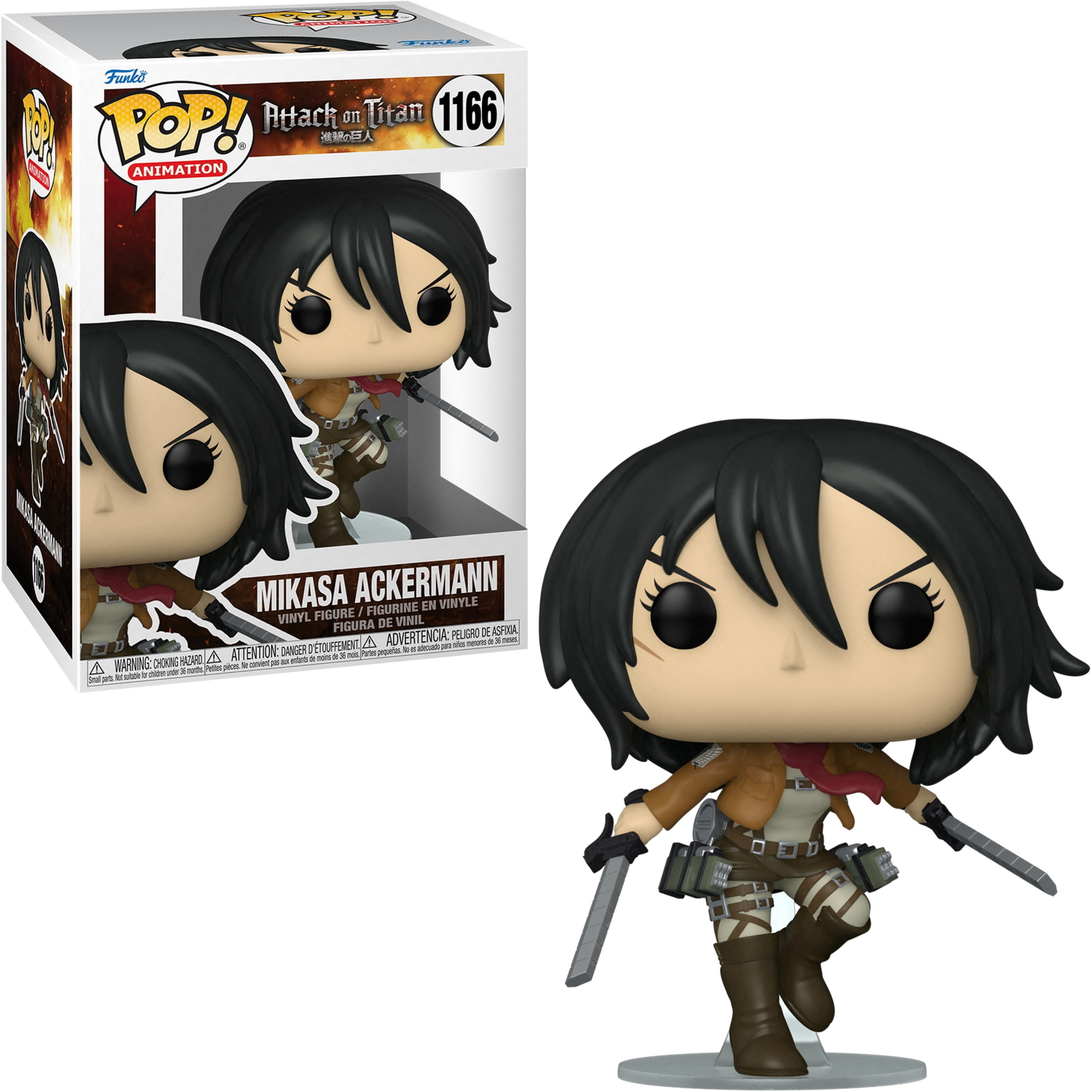 Eine Funko Pop!-Figur von Mikasa Ackerman, die Schwerter hält. Links ist eine Box mit der Figur.