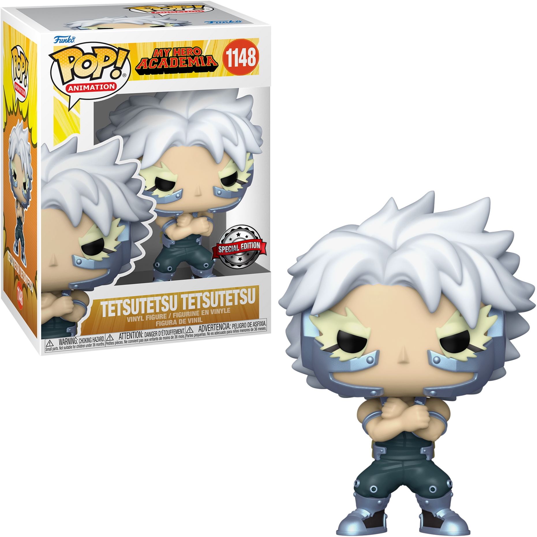 Figurka Tetsutetsu Tetsutetsu z My Hero Academia. Figurka jest w pudełku. Białe włosy i niebieska zbroja.