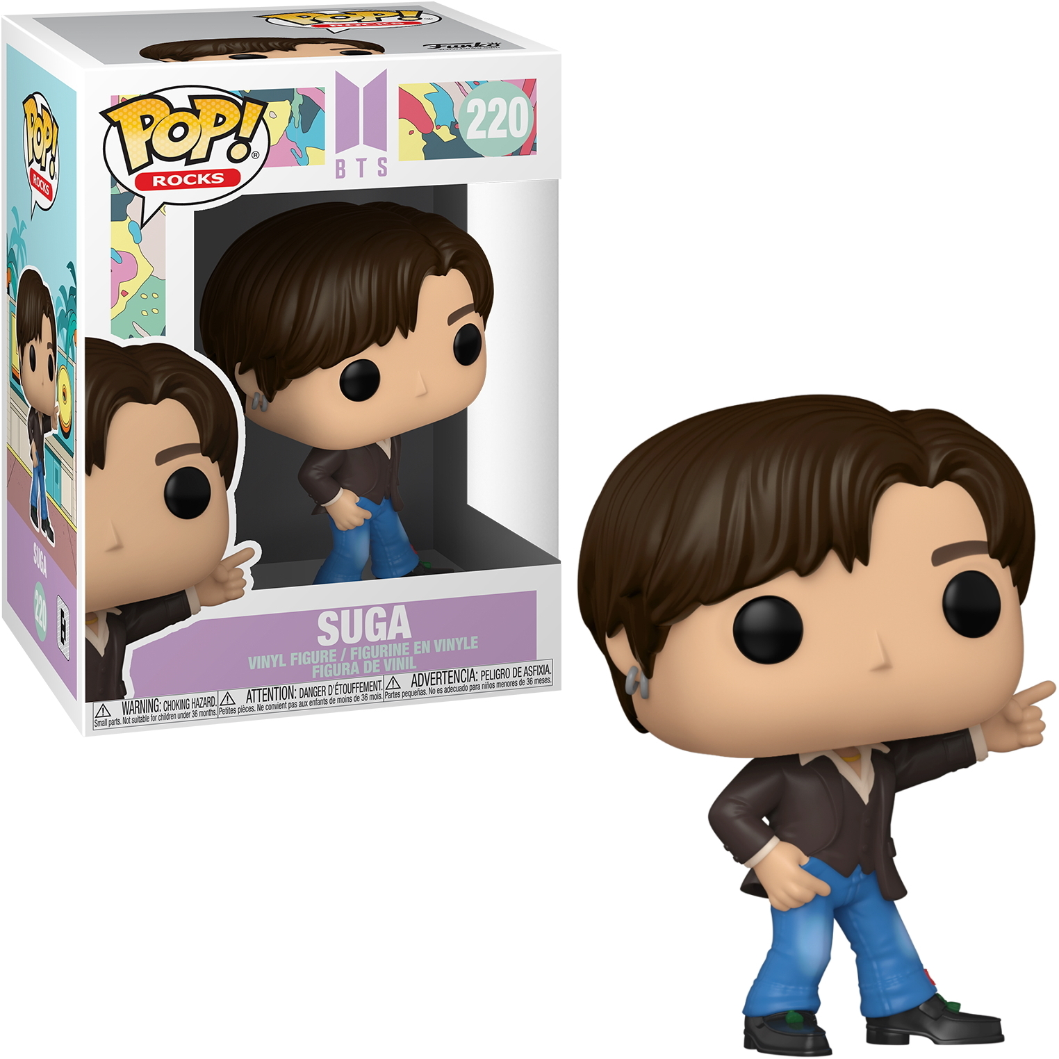 Una figura Funko Pop di Suga dei BTS, in una scatola e fuori. Suga indossa una giacca e jeans.