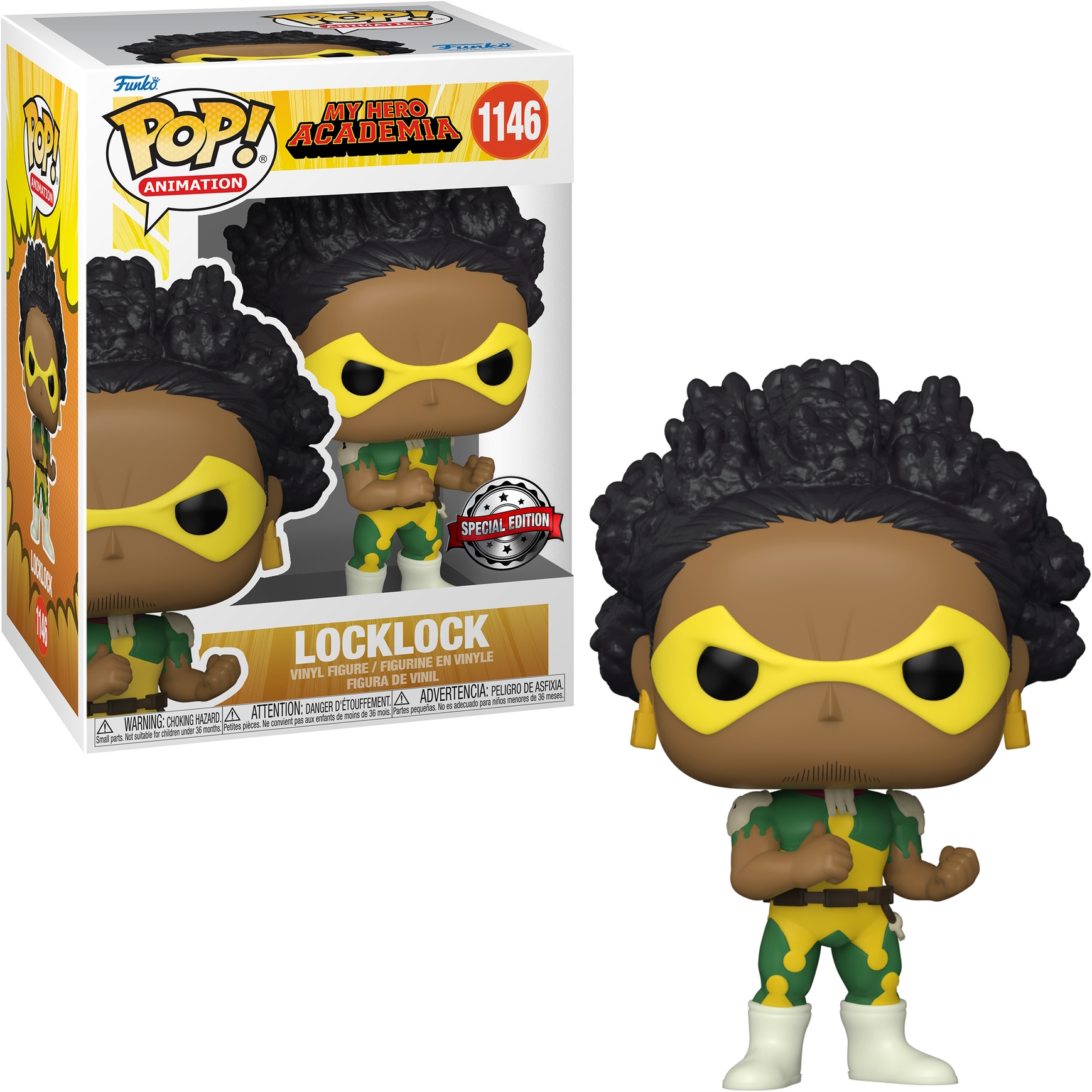 Figura Funko Pop di LockLock da My Hero Academia. Indossa un costume verde e giallo e ha gli occhi gialli.