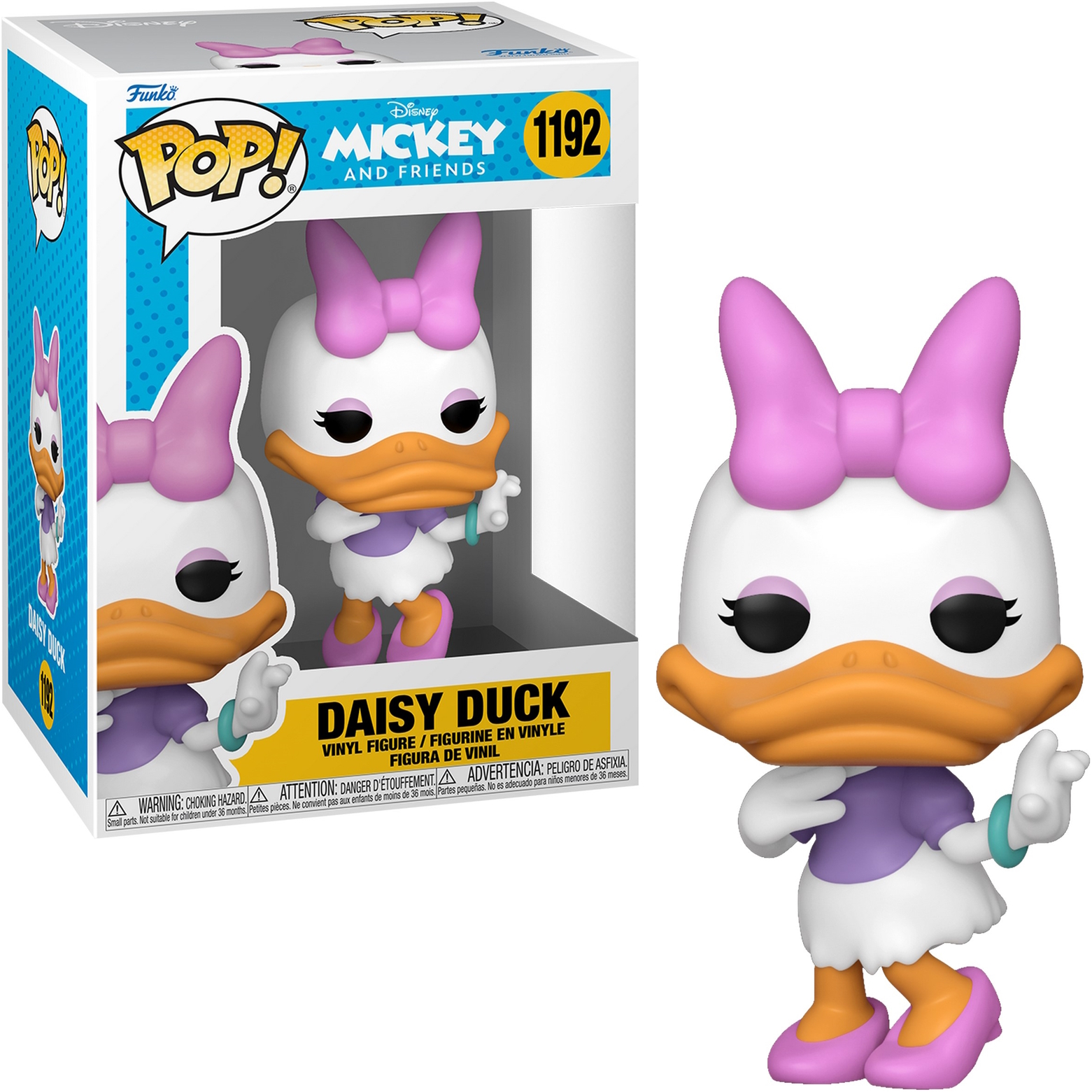Daisy Duck Funko Pop Figur in Box und isoliert auf Weiß.