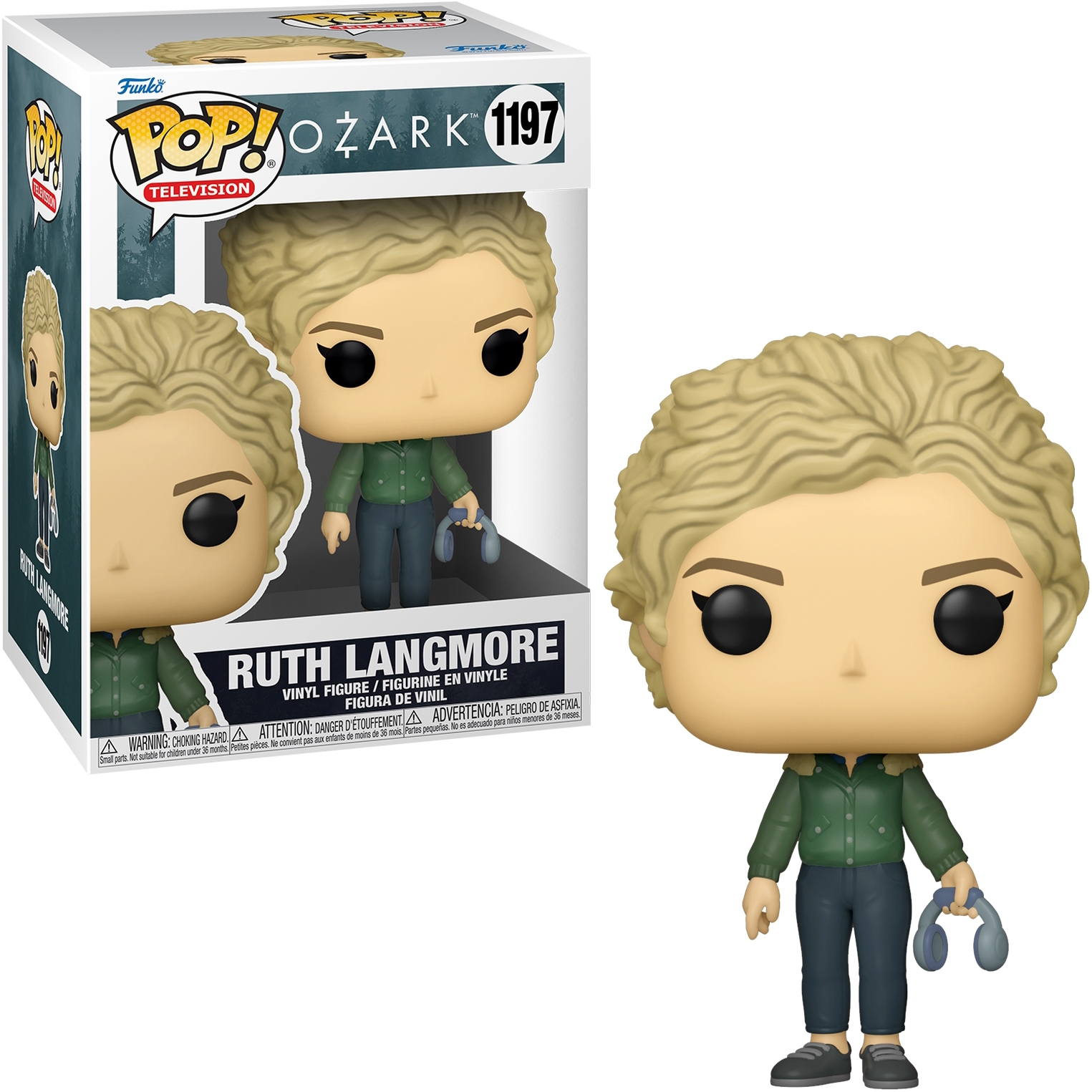 Figura Funko Pop de Ruth Langmore de Ozark. Sostiene auriculares y lleva una chaqueta verde.