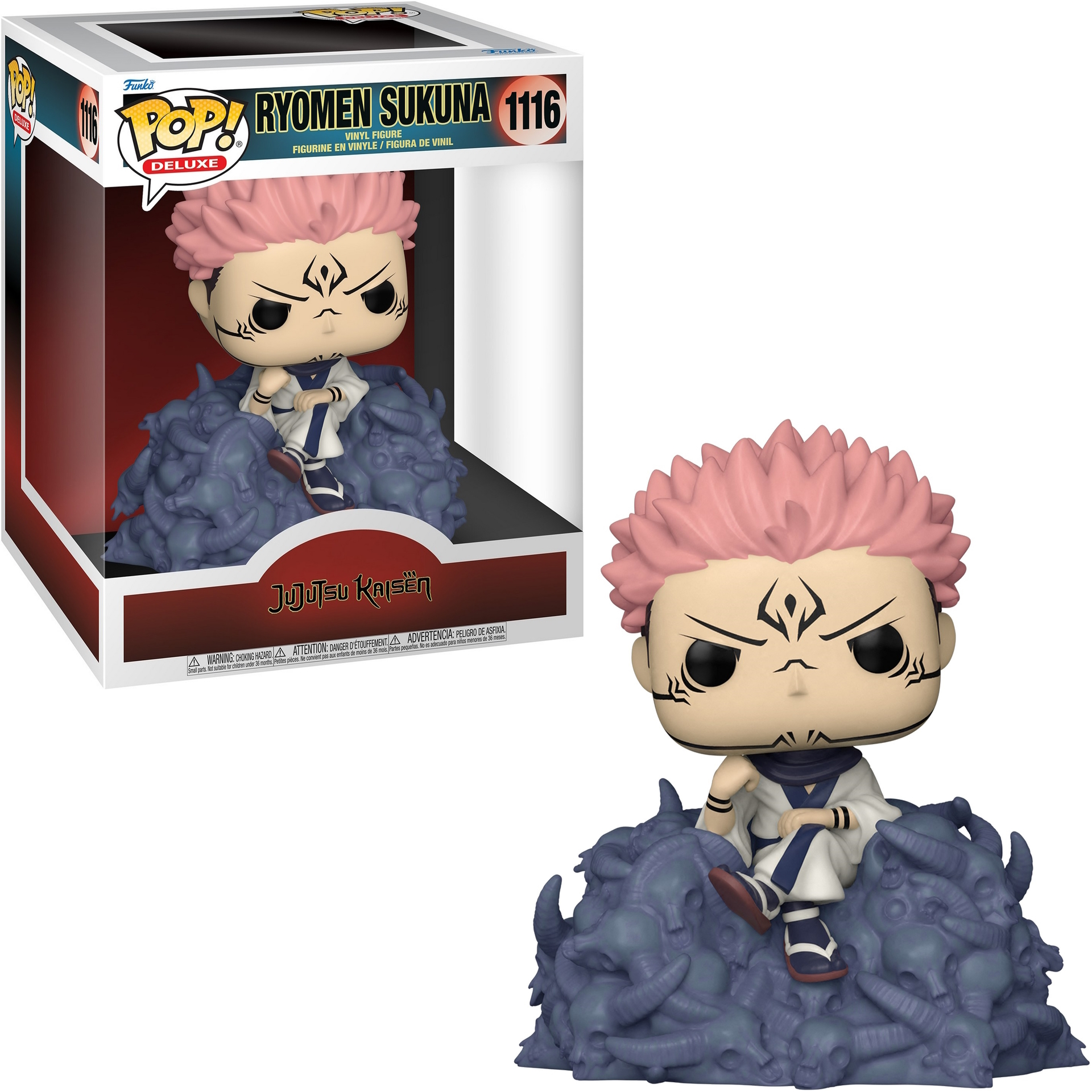 Funko Pop Figur von Ryomen Sukuna aus Jujutsu Kaisen, auf einer blauen Basis, in einer Box.