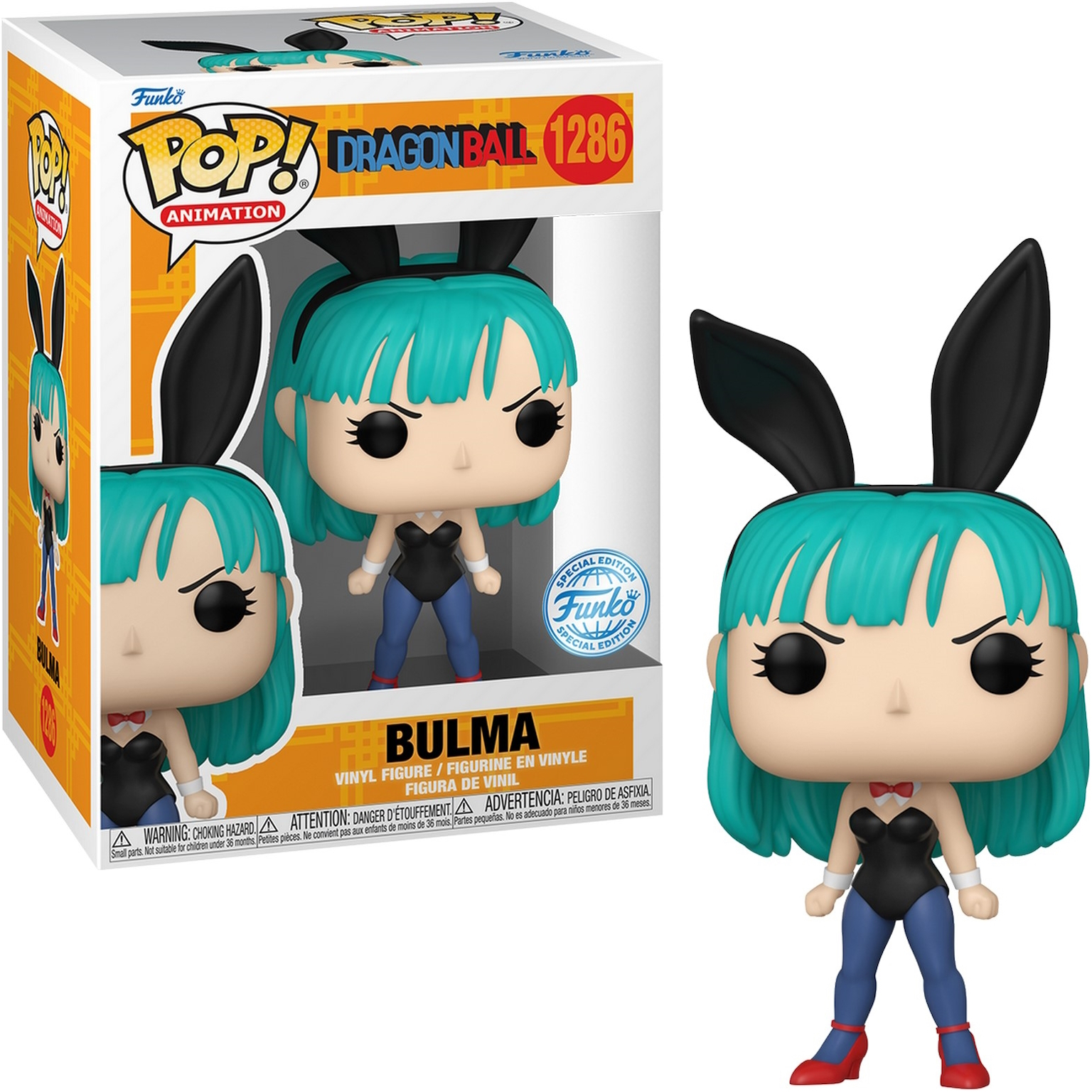 Funko Pop Figur von Bulma aus Dragon Ball, in Hasenkostüm, mit Box. Die Figur ist auf Weiß.