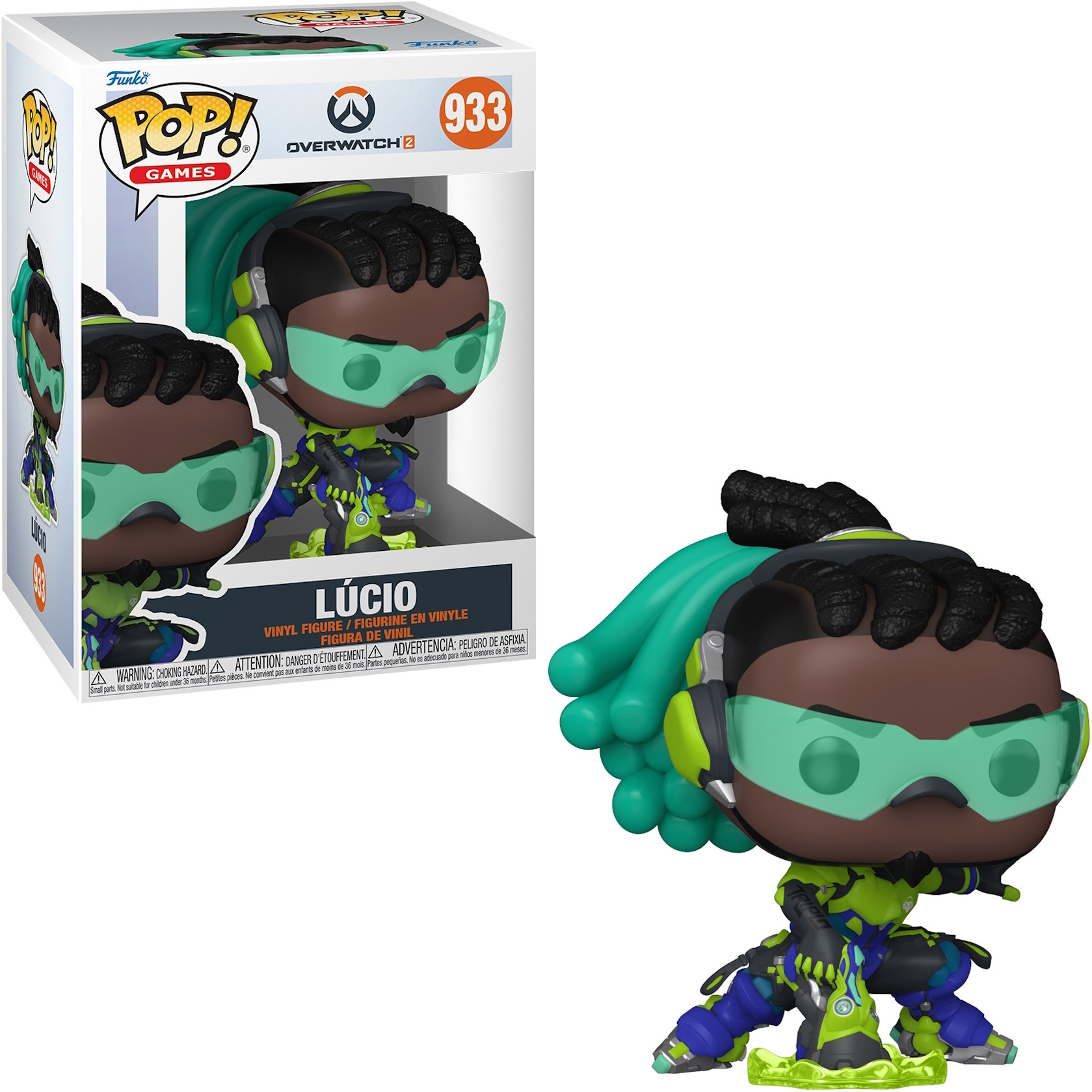 Overwatch, Lucio Funko Pop Figur. Grün-blaues Outfit, Pose einnehmend, mit Box.