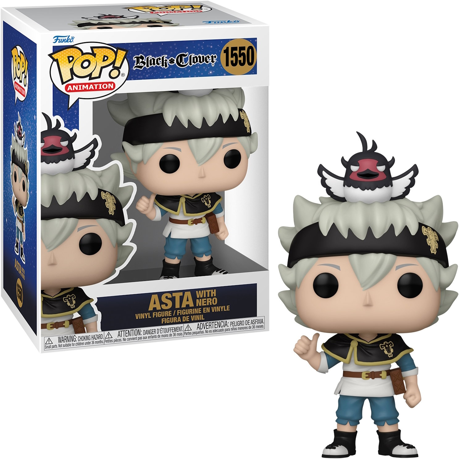 Figura Funko Pop de Asta con Nero en una caja, con Asta levantando la mano.