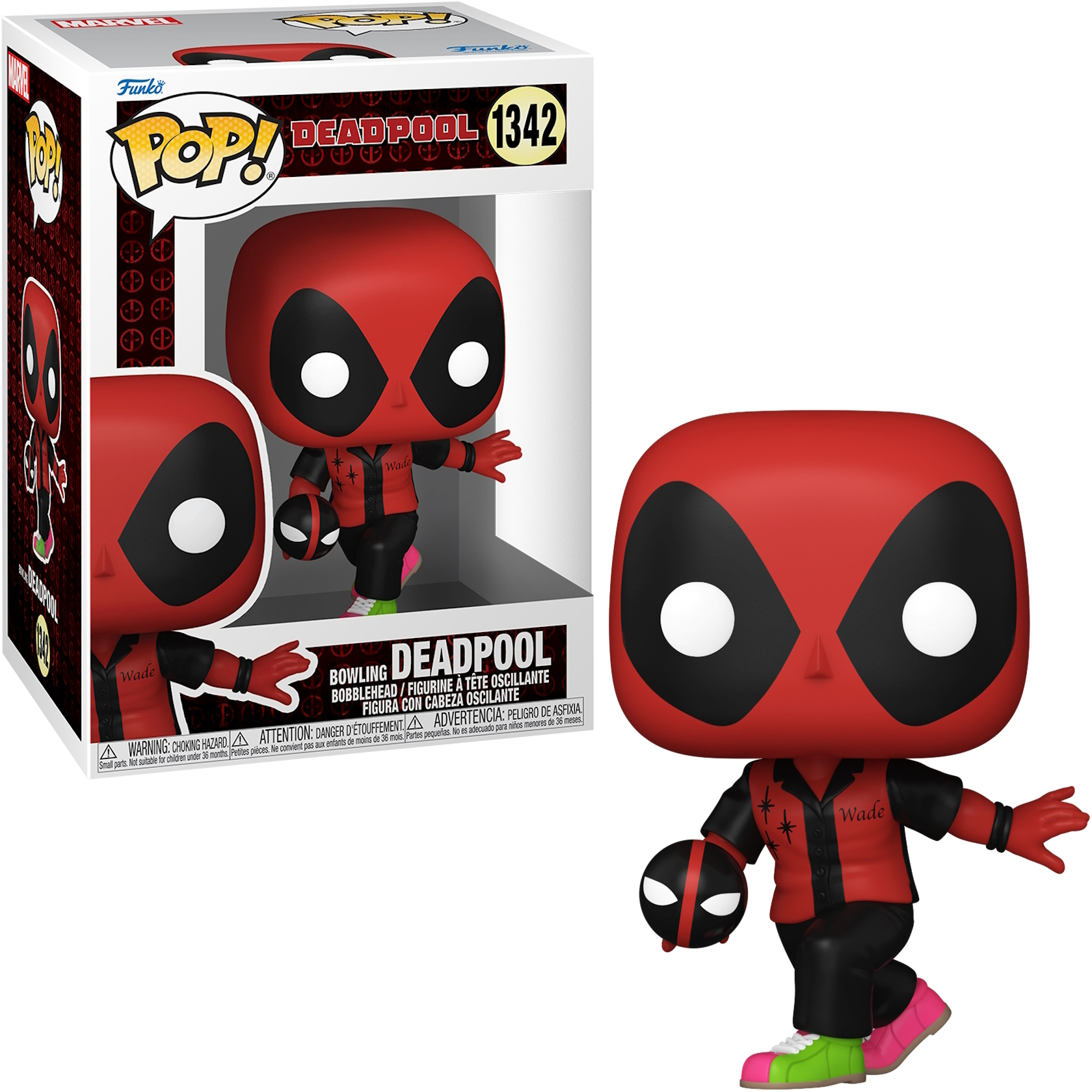 Figura Funko Pop! di Deadpool in tenuta da bowling, scatola sullo sfondo, sfondo bianco.