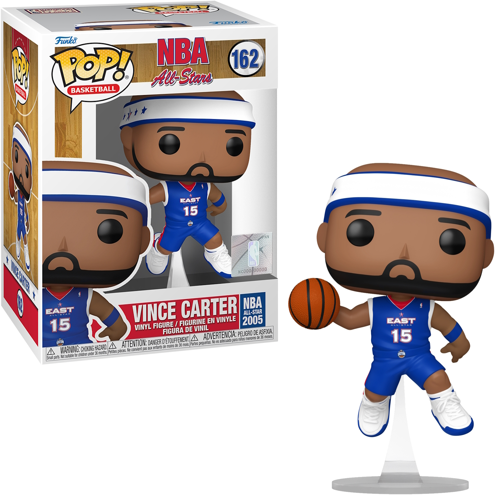 Figura Funko Pop de Vince Carter en azul y blanco, sosteniendo una pelota de baloncesto, con una caja.