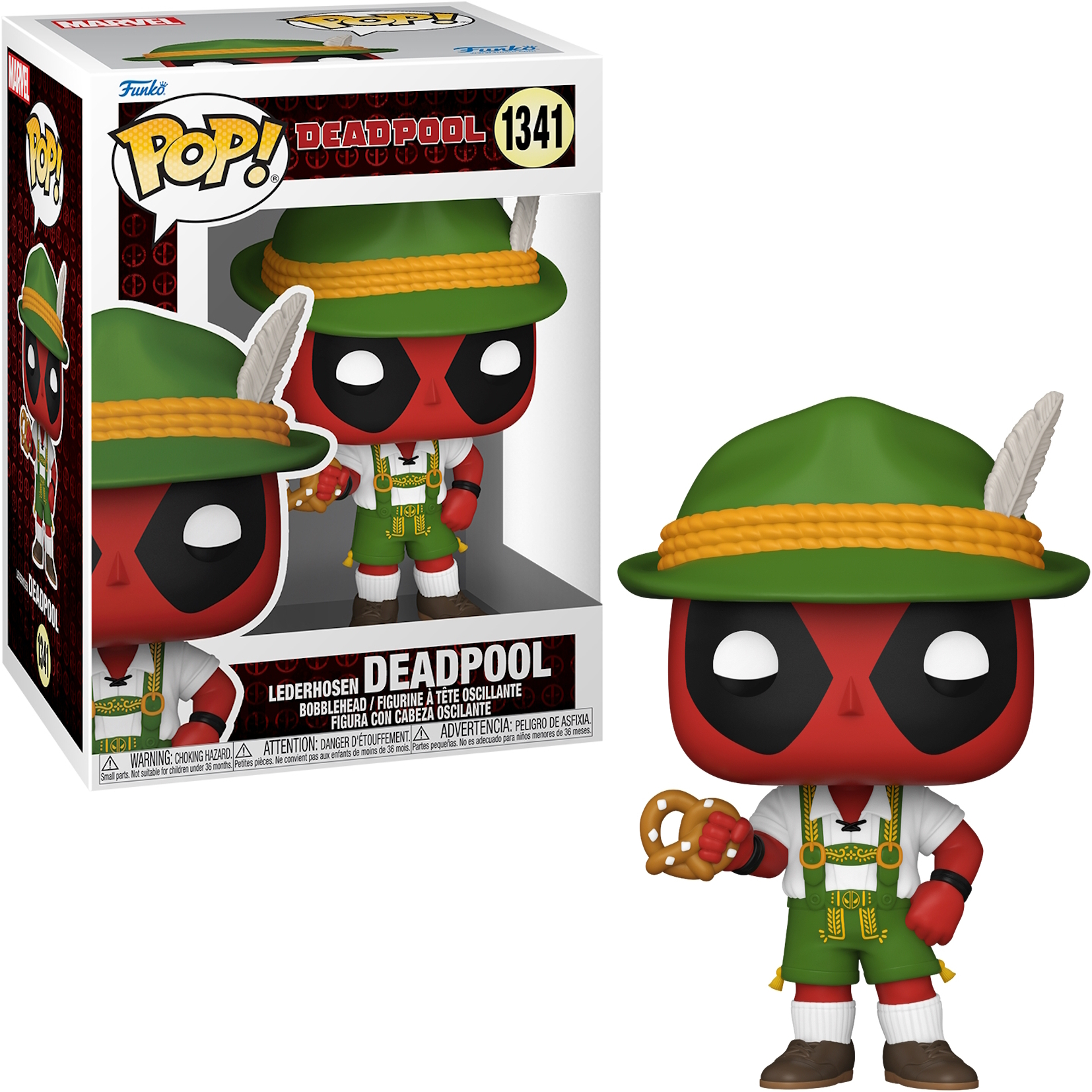 Deadpool Lederhosen Funko Pop Figur mit Box. Rote Figur mit grünen Lederhosen.