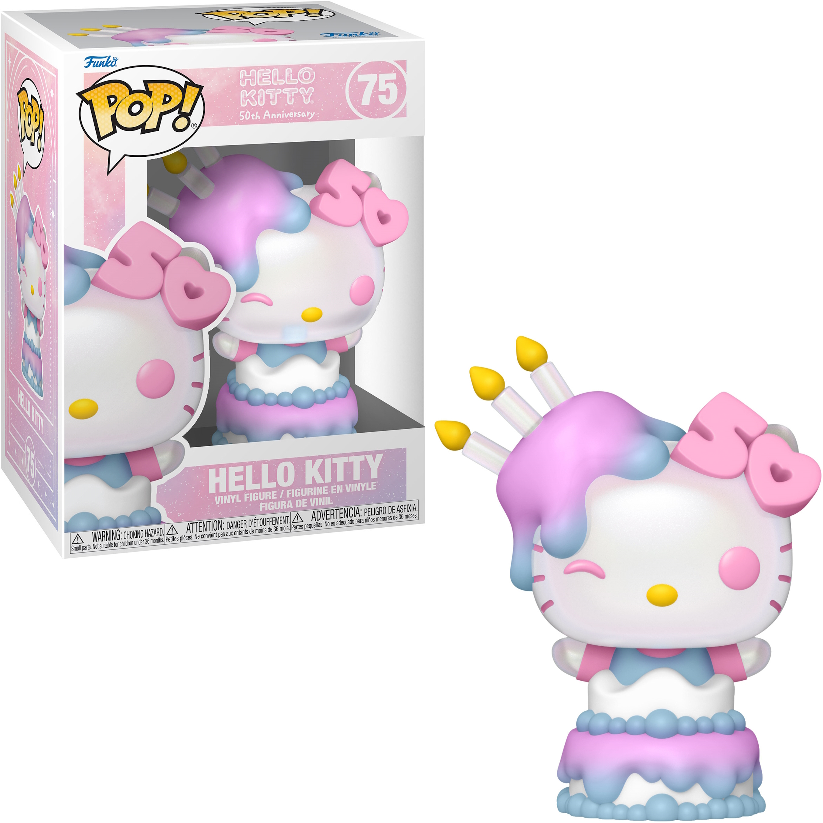 Hello Kitty Funko Pop Figur als Kuchen in einer Box und die Figur selbst.