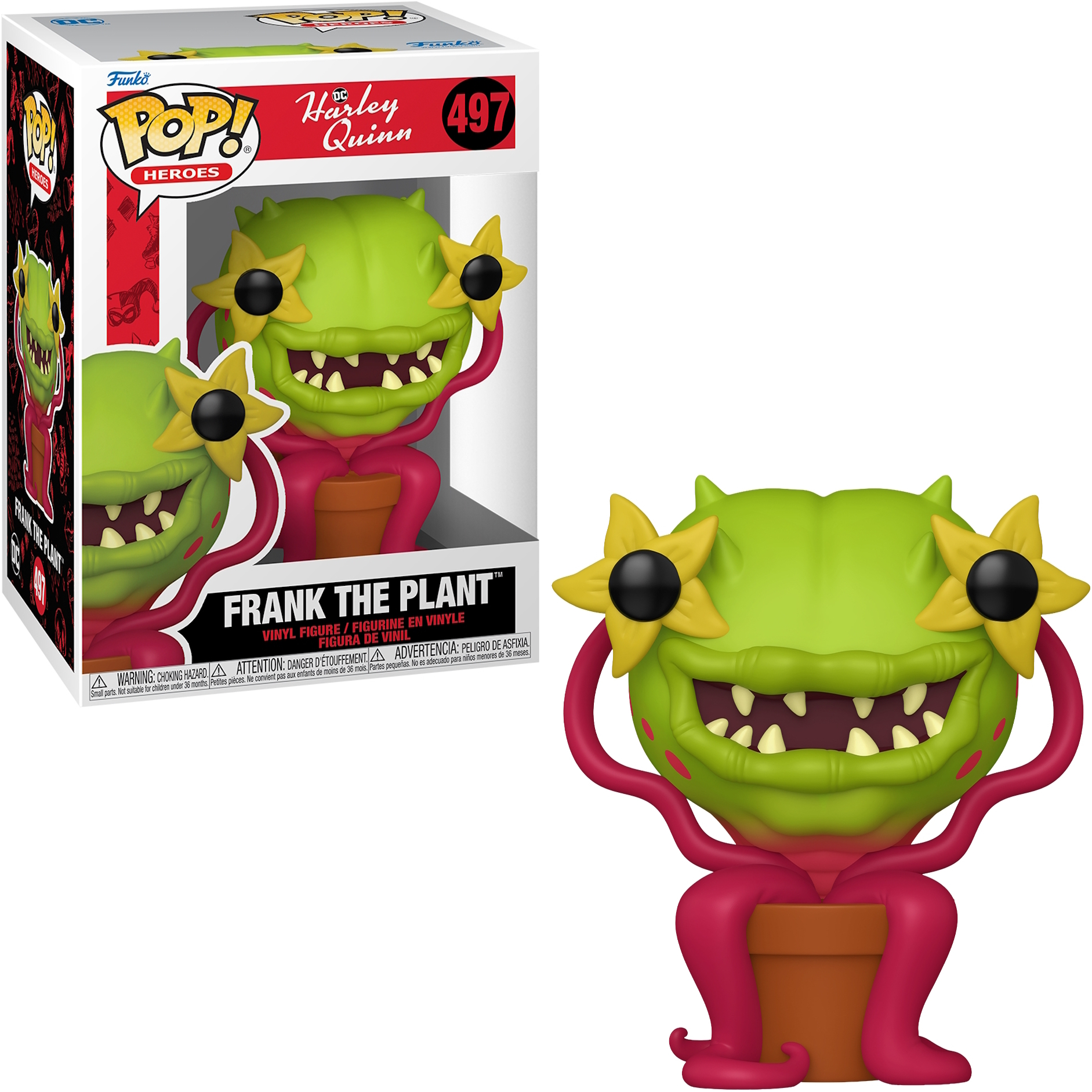 Funko Pop von Frank the Plant, einer grünen Pflanzenfigur mit Box daneben.