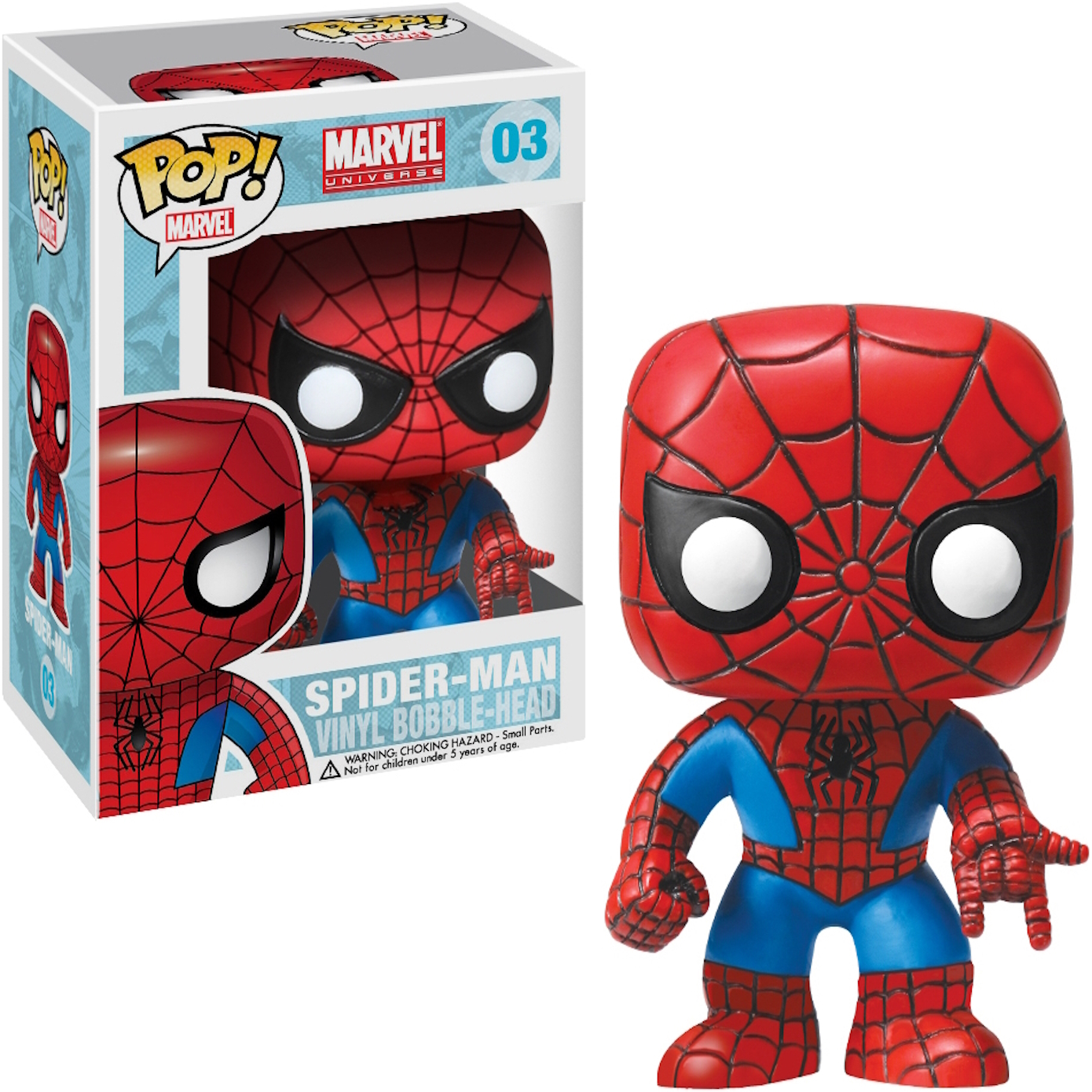 Figura di Spider-Man Funko Pop! in scatola e come figura, con costume rosso e blu.