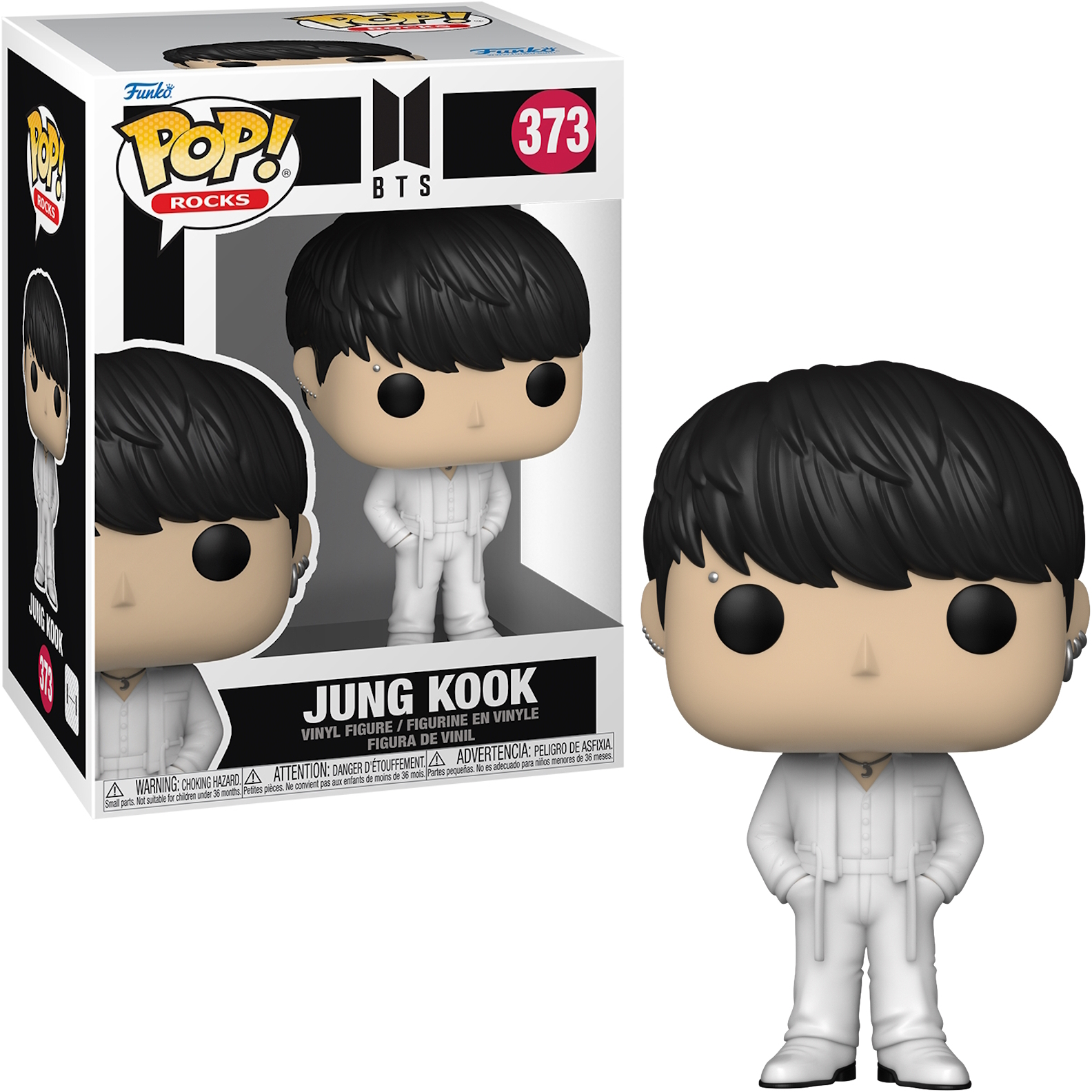 Figura de BTS Jung Kook en mono blanco, pelo negro. La caja muestra la figura y el texto.