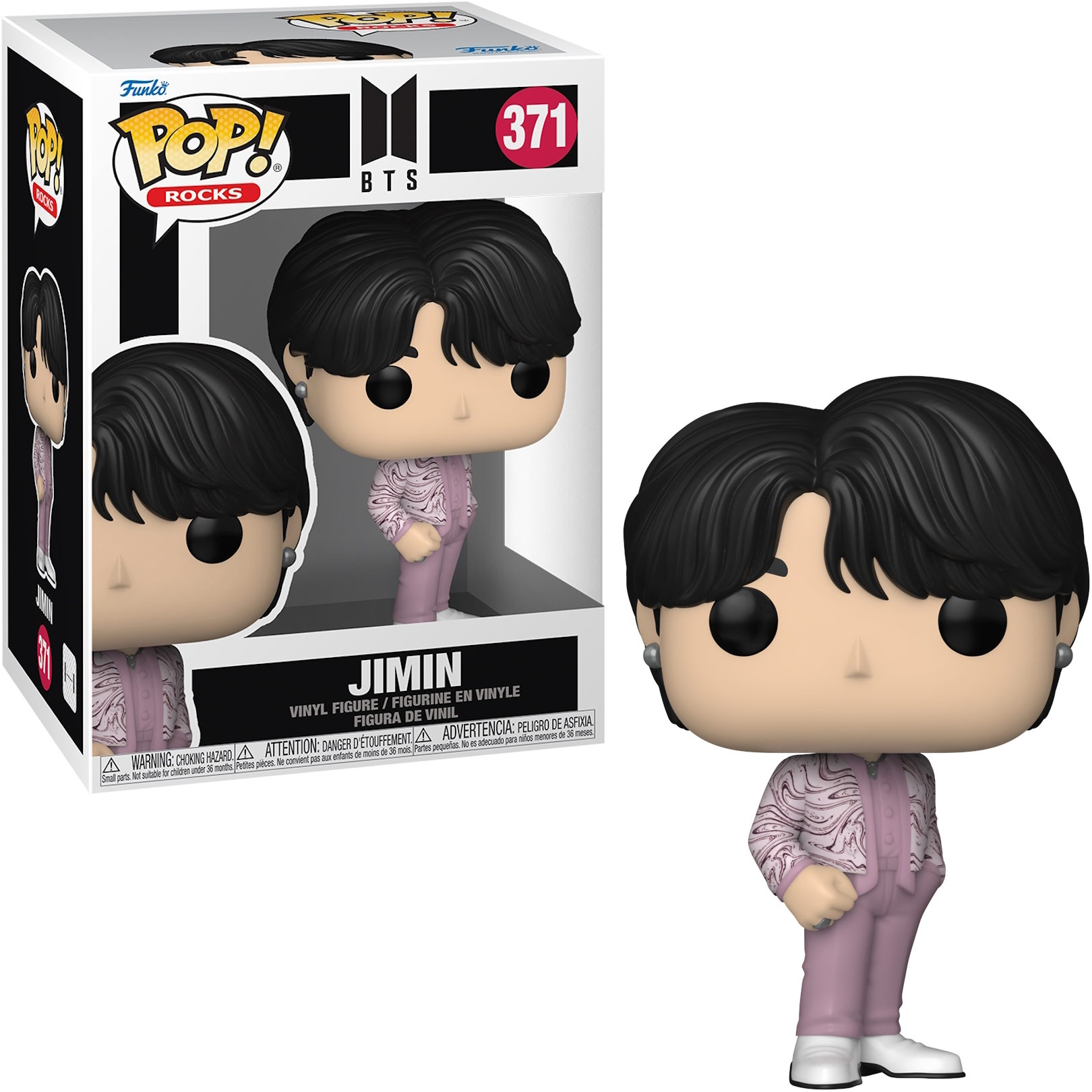 Figura Jimin Funko Pop in scatola e separatamente. La figura ha i capelli neri e indossa un abito rosa a fantasia.