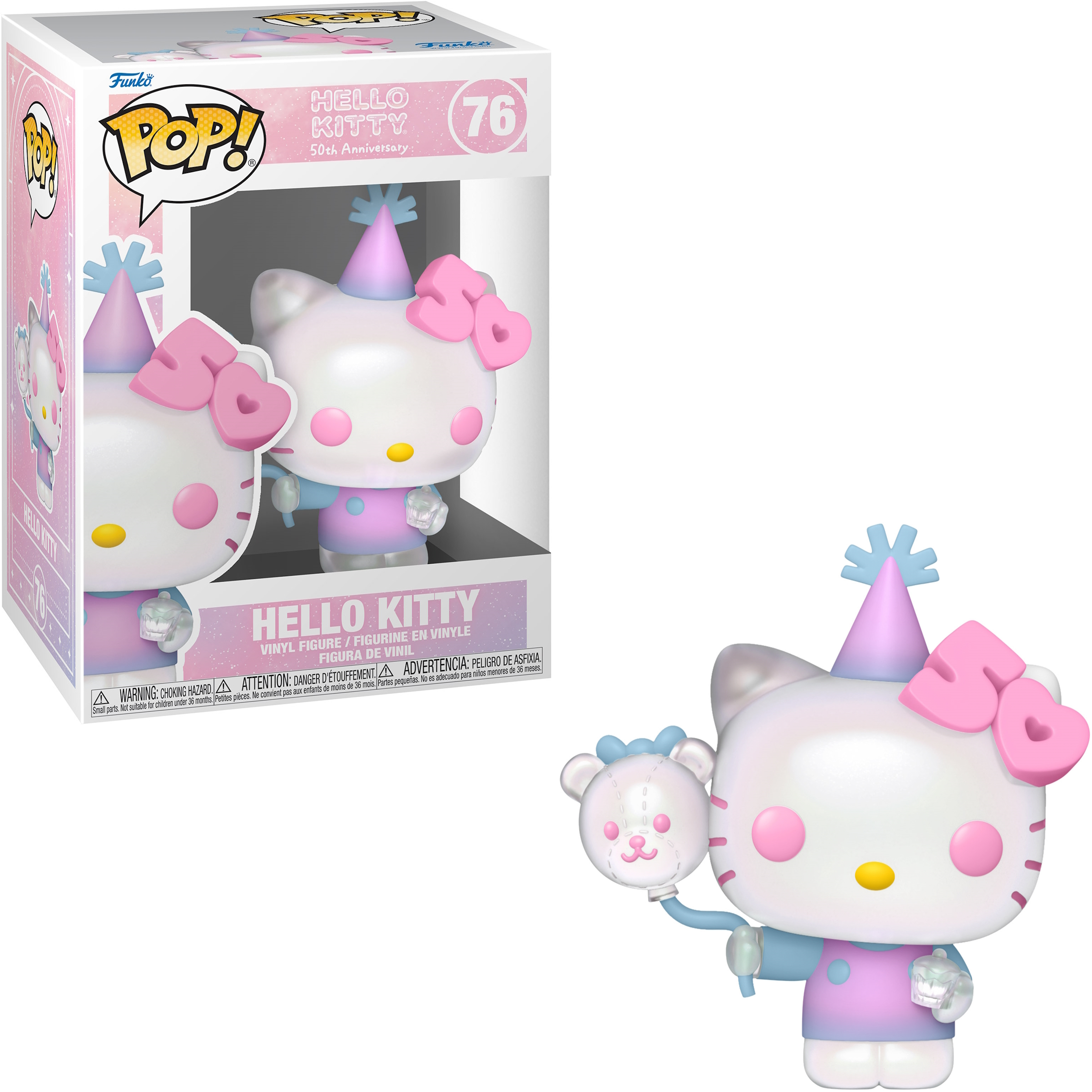 Statua Funko Pop di Hello Kitty con cappello da festa e palloncino, in una scatola.