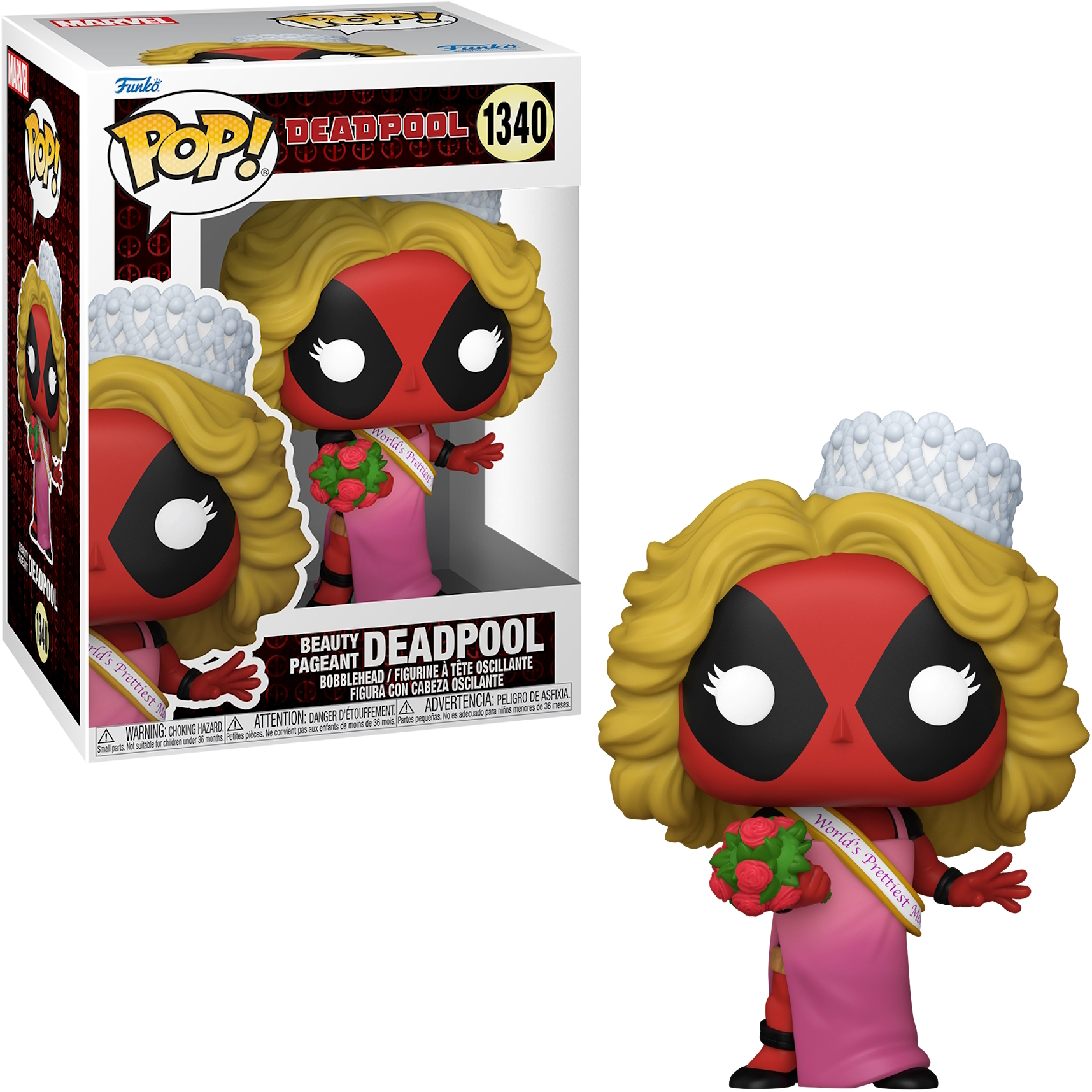 Figura Deadpool Funko Pop con scatola. La figura indossa una tiara, un vestito rosa e tiene un mazzo di rose.