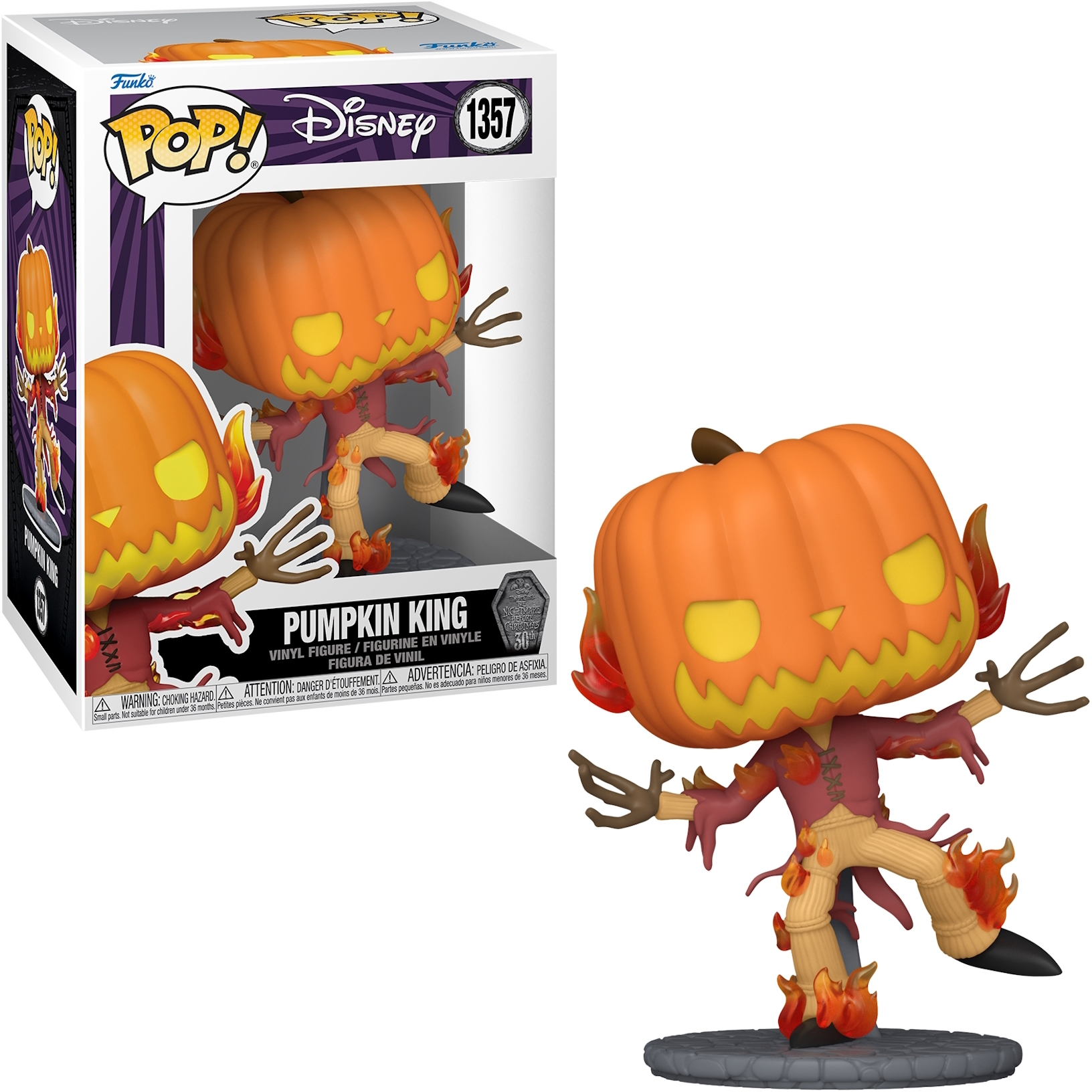 Figura di Pumpkin King dentro e fuori dalla scatola. Testa di zucca arancione. Personaggio spettrale.