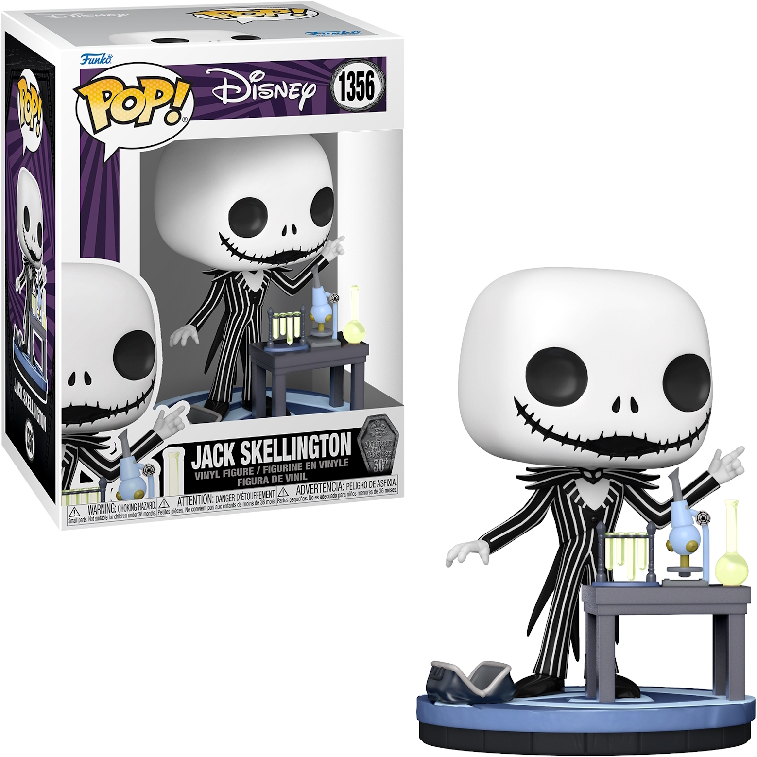Figura Funko Pop di Jack Skellington in scatola e primo piano. È in laboratorio.