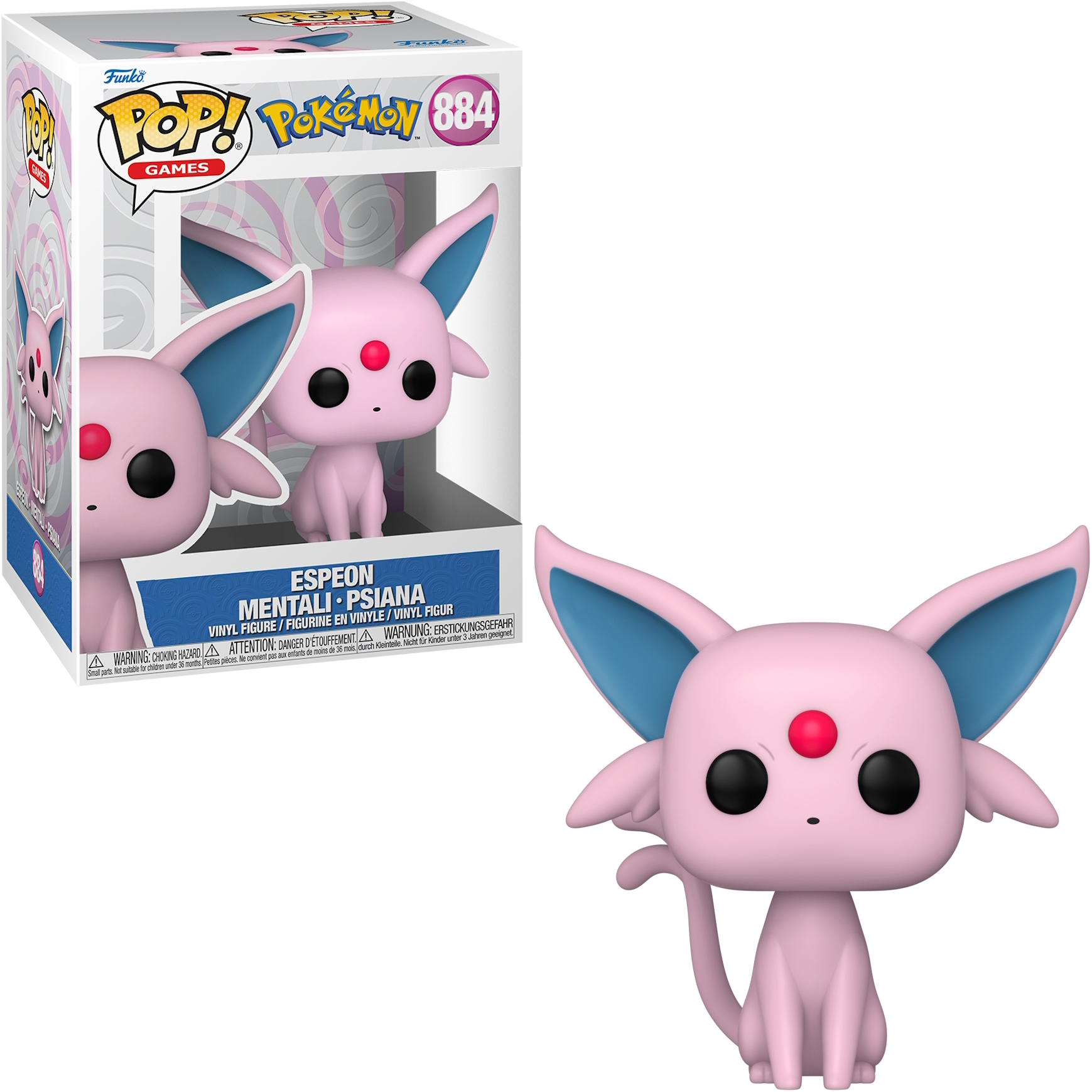 Espeon Funko Pop Figur mit Box. Eine rosa katzenartige Figur mit blauen Ohren.