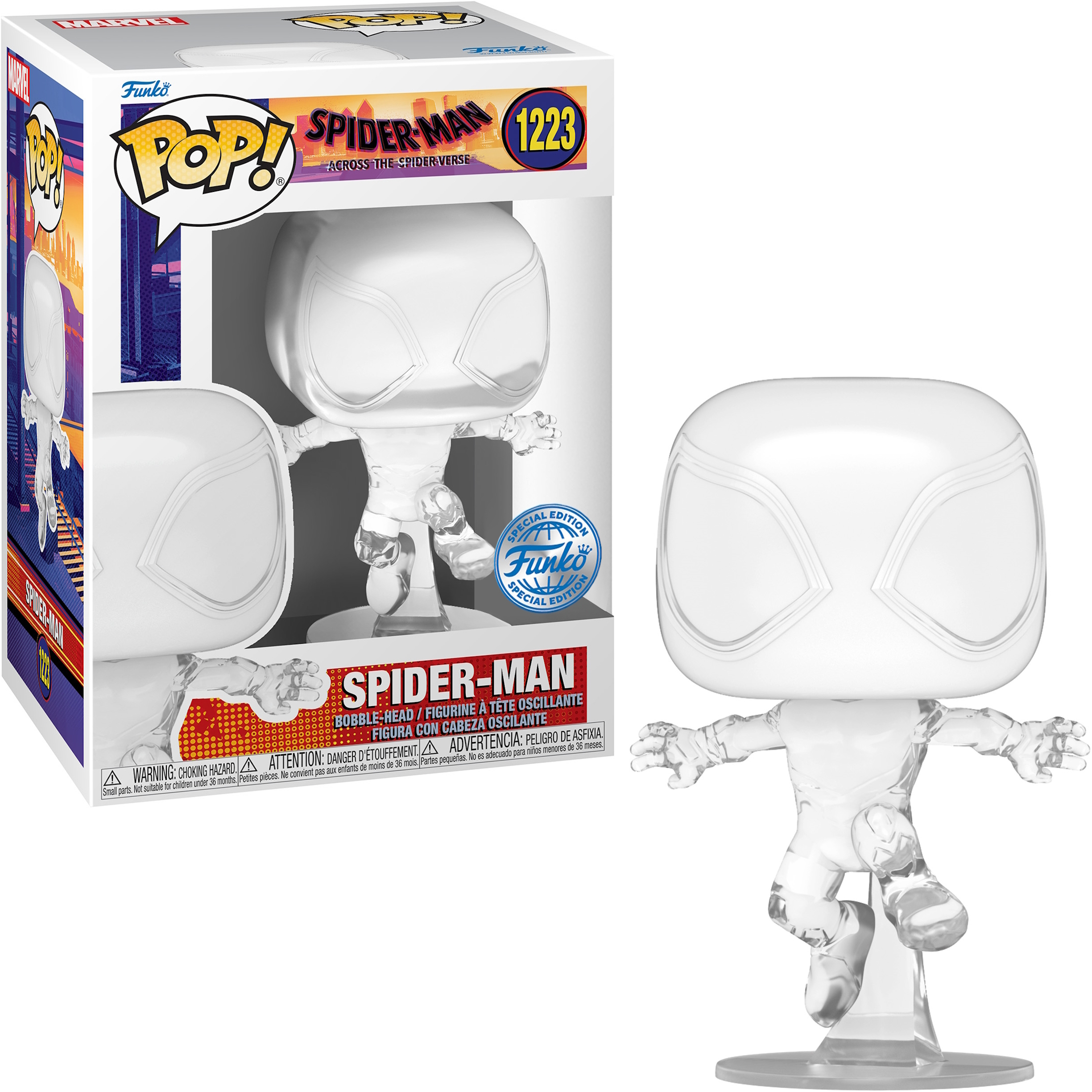 Eine weiße Spider-Man-Figur in einer Box. Die Figur ist transparent und in einer dynamischen Pose.